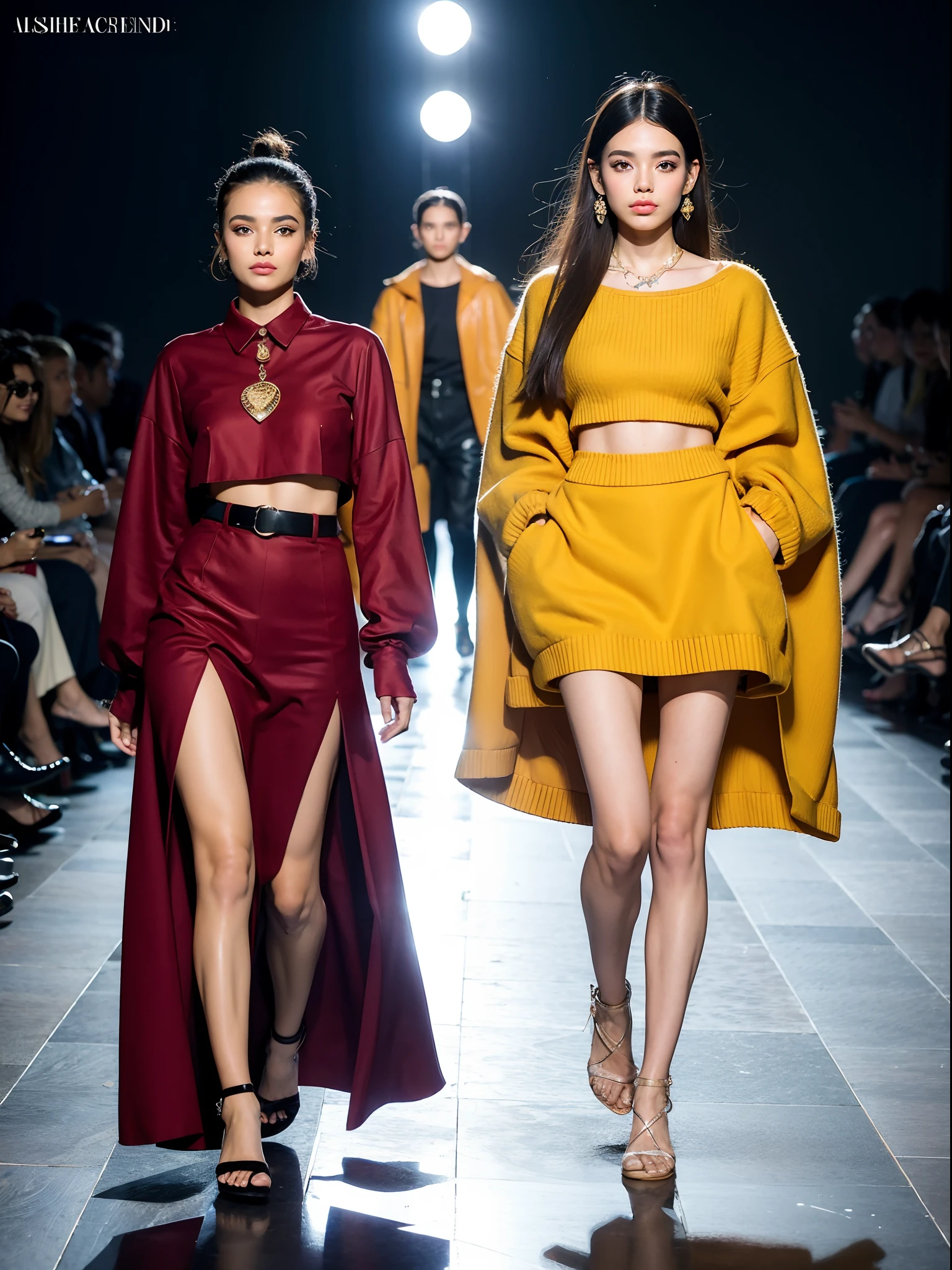 (Best quality, 8k, 32k, Masterpiece, UHD:1.2),Photo of Pretty Japanese woman, 1girl, (medium-short dark brown hair), double eyelid, fashion model, beautiful legs, contemporary cut，unique maxi very wet light yellow dress with slit, off-shoulder, gold belt, choker, stand tall, runway, huge stage, Paris Collection, nsfw, full body, see through,,see-through_blouses,breast_pasty