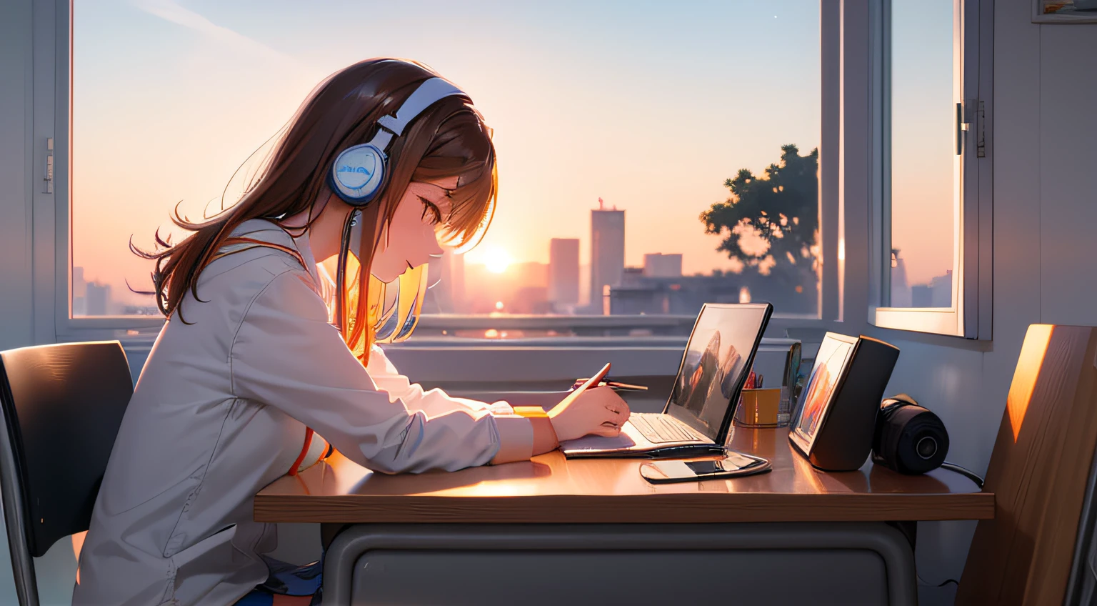 Girl studying at desk、Wear white headphones、Angle from the side、There is a sunrise outside the window、The main colors are orange and blue、Warm colored light
