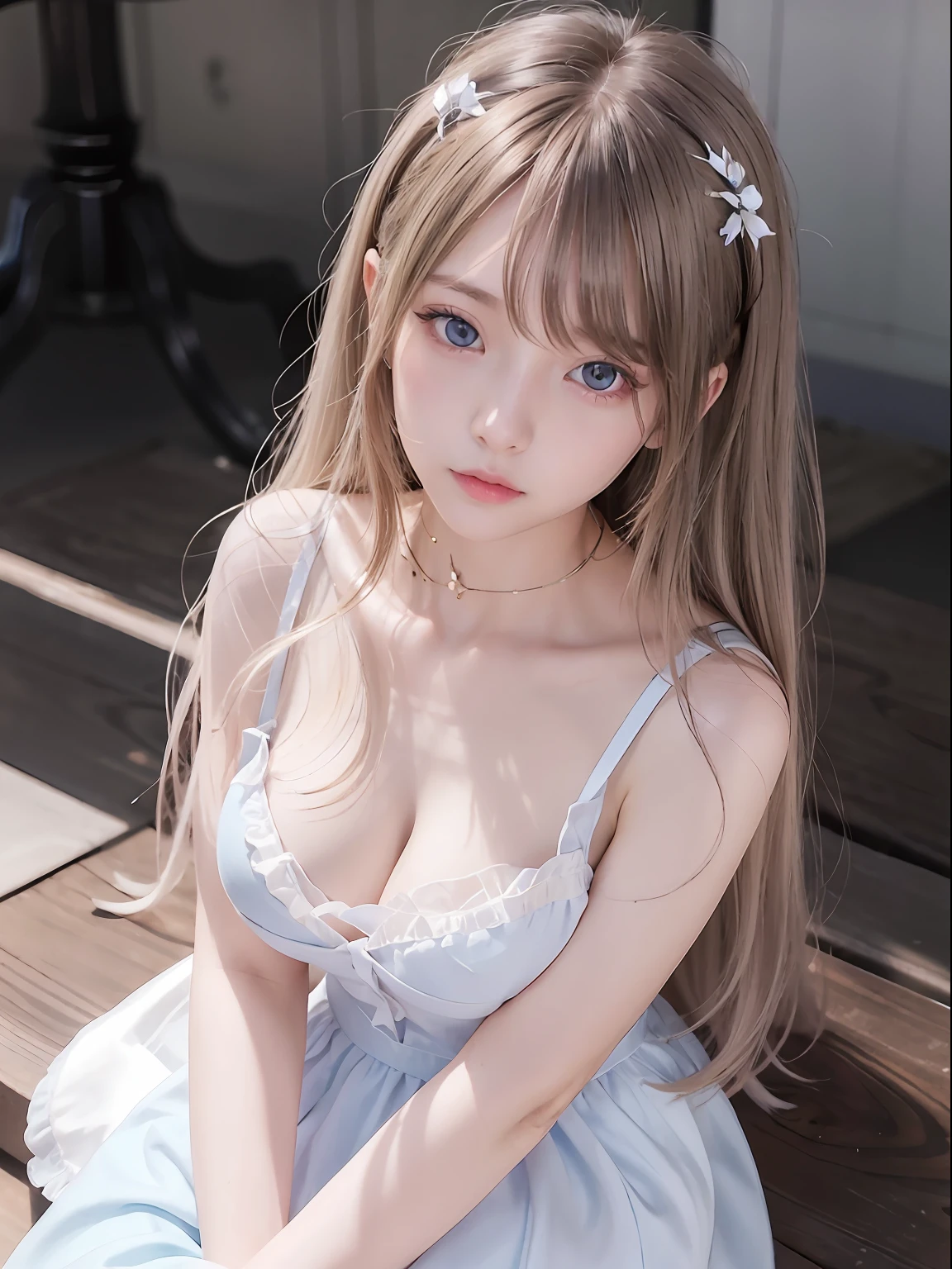 bright expression、photorealisim、top-quality、超A high resolution、a picture、Photo of an exquisitely beautiful Nordic-born girl、Detailed cute and beautiful face、(pureerosface_v1:0.008)、Beautiful bangs、alice in the wonderland、14years、Glowing white shiny skin、facial hairs、Bangs that extend to the face、bangss、Super long hair、Attractive bright natural blonde super long straight silky hair、finer hair、Attractive glowing beautiful bright clear light blue big eyes、White Apron、a blue dress、eye liner、Double eyelids、Lush bust
