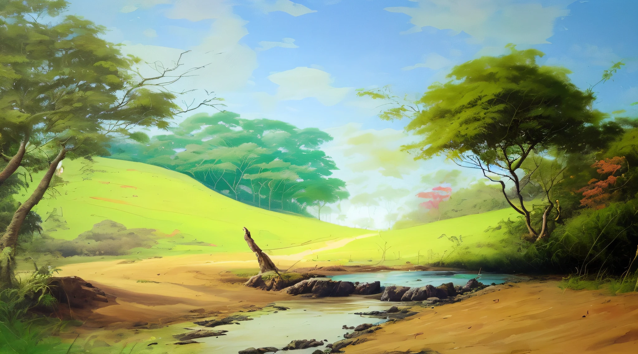 pintura de um pequeno riacho que atravessa um campo verde com uma casa exuberante, super realista