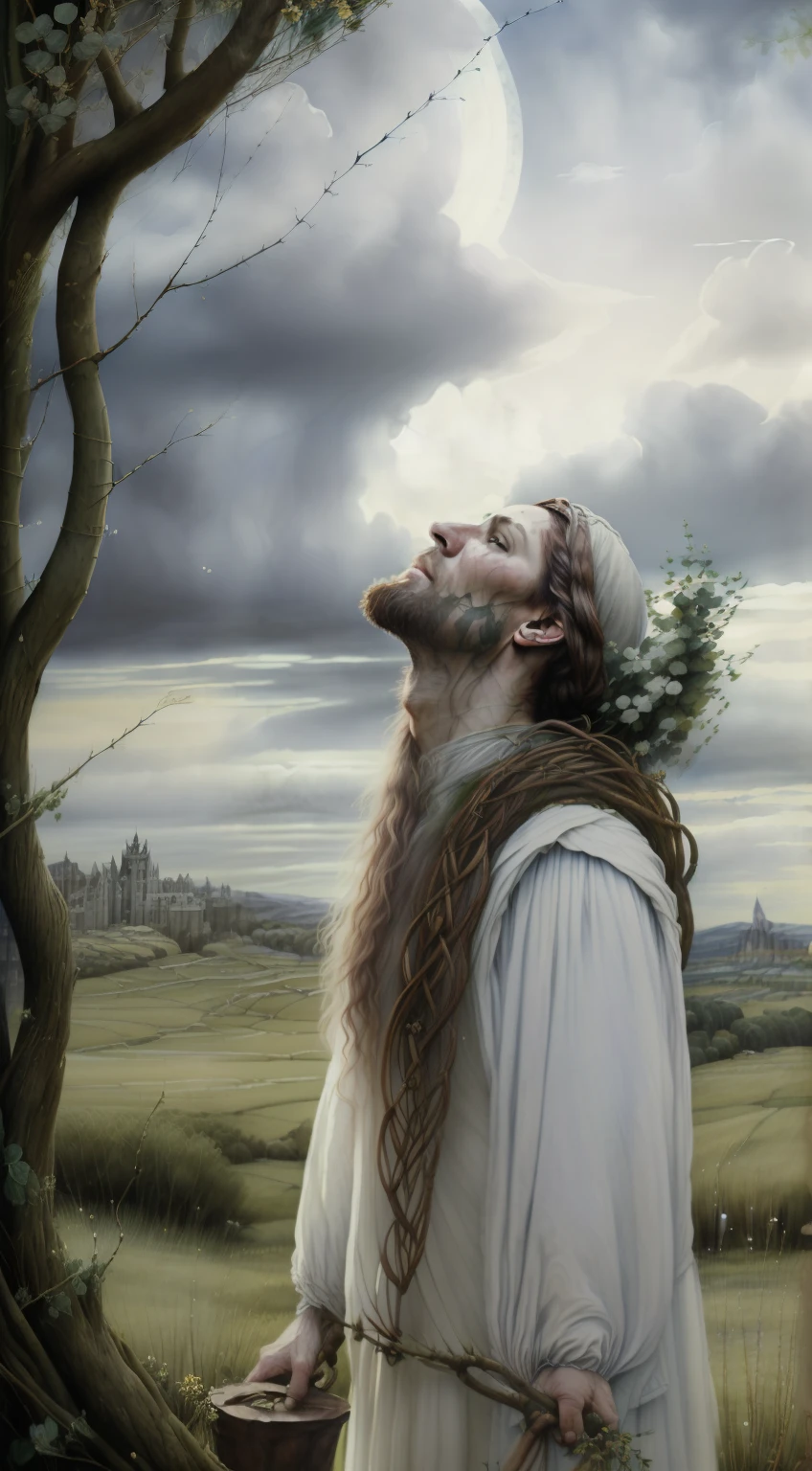 (((Celtic Pre-Raphaelite painting of an old druid in white clothes, barba branca, looks up at the sky and holds hawthorn branches, many clouds in the sky. mistborn, paisagem celta)))