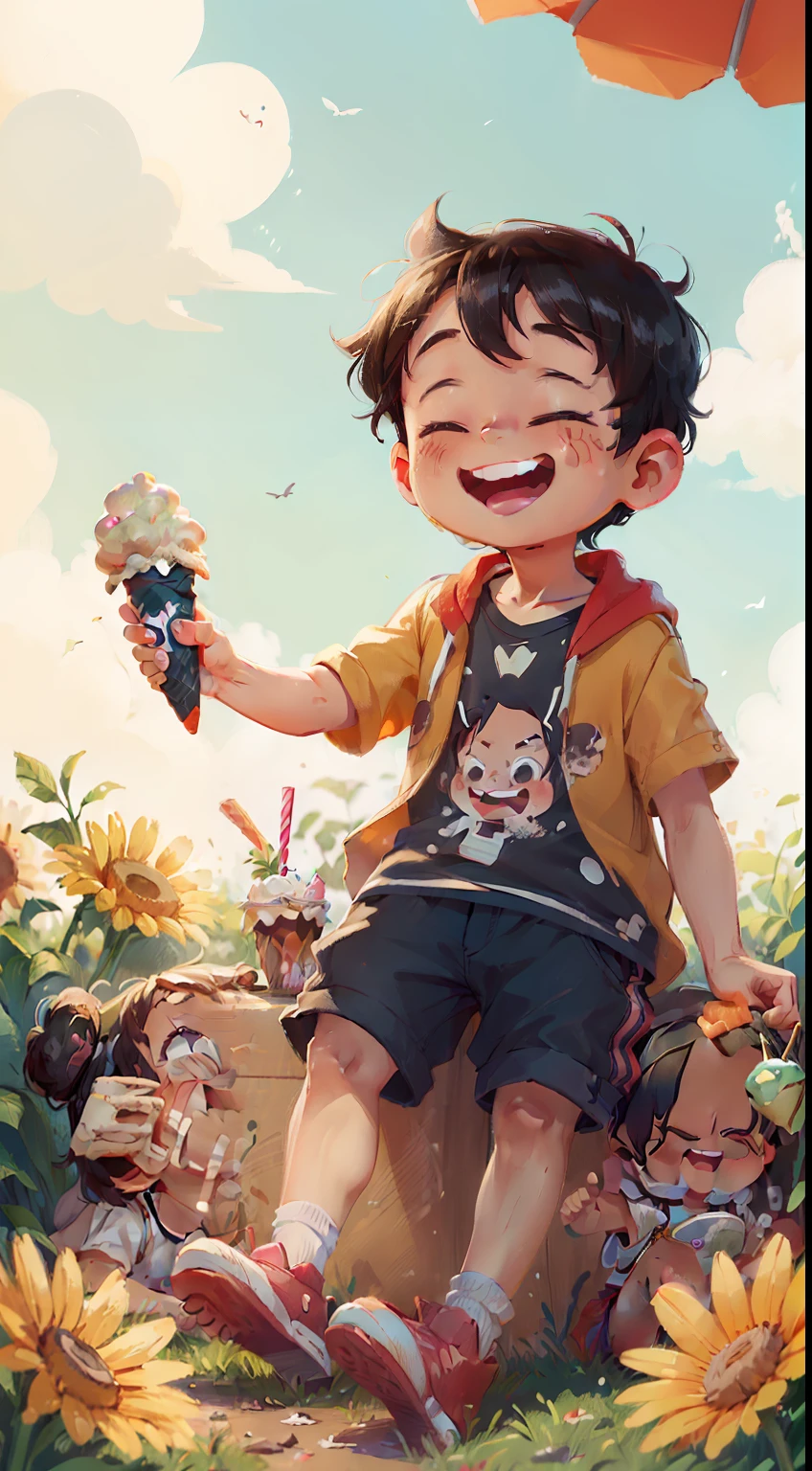 (((Happiness and fun))), (boy) enjoying a beautiful sunny day in a bright field, (cute summer clothes) enjoying a refreshing ice cream. Black hair eats ice cream"