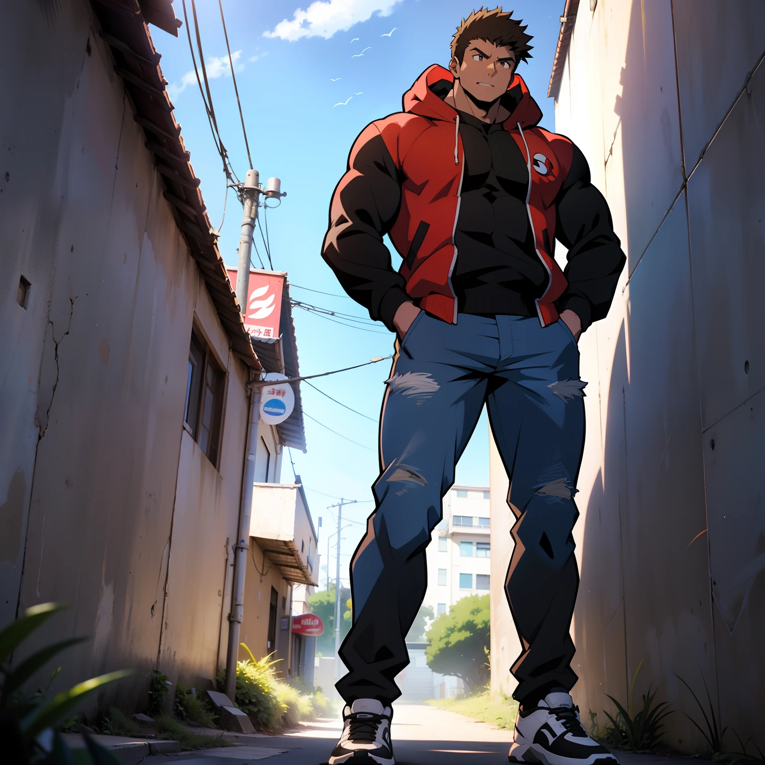 ((arte estilo anime)), imagem superior, angulo de cima para baixo, personagem masculino extremamente musculoso, corpo de bodybuilder, wearing a long-sleeved blouse with hood covering the head, Character is leaning against a wall with his hands in his pockets, Scenery of the Urban Center, rua movimentada, constructions, pessoas e veiculos. Personagem protagonista de anime, imagem bonita, disco Rigido, 4k, Protagonist character leaning against a wall with his hands in his pockets, (((imagem angulo superior)))