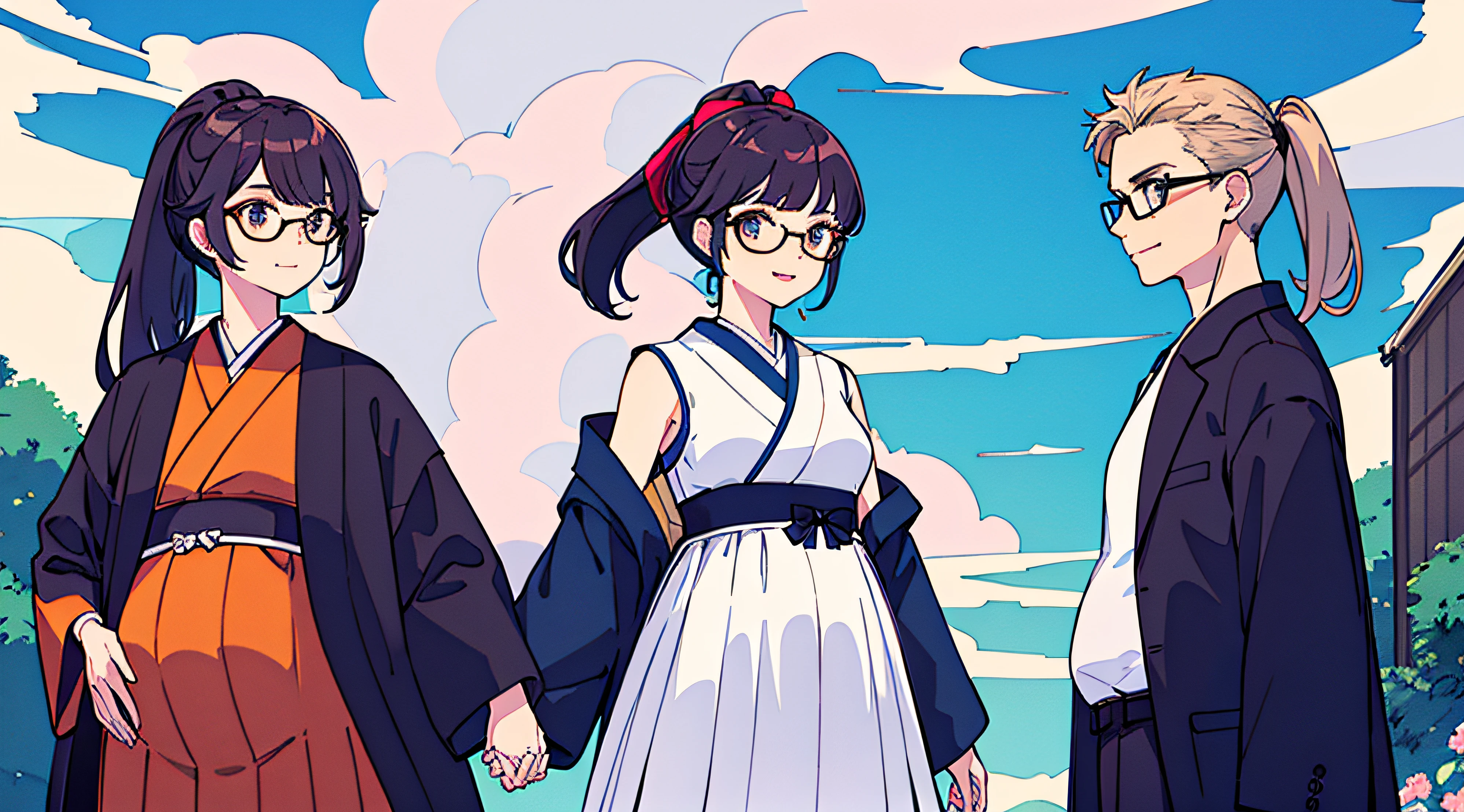 obra-prima, detalhe intrincado, melhor qualidade, captura de corpo inteiro, canal 1 homem, 1 mulher, Pregnant woman, japoneses, roupas japonesas tradicionais, mulher com ponytail, Man in glasses, personagens acenando, sorriso, personagens lado a lado, Blue sky background,