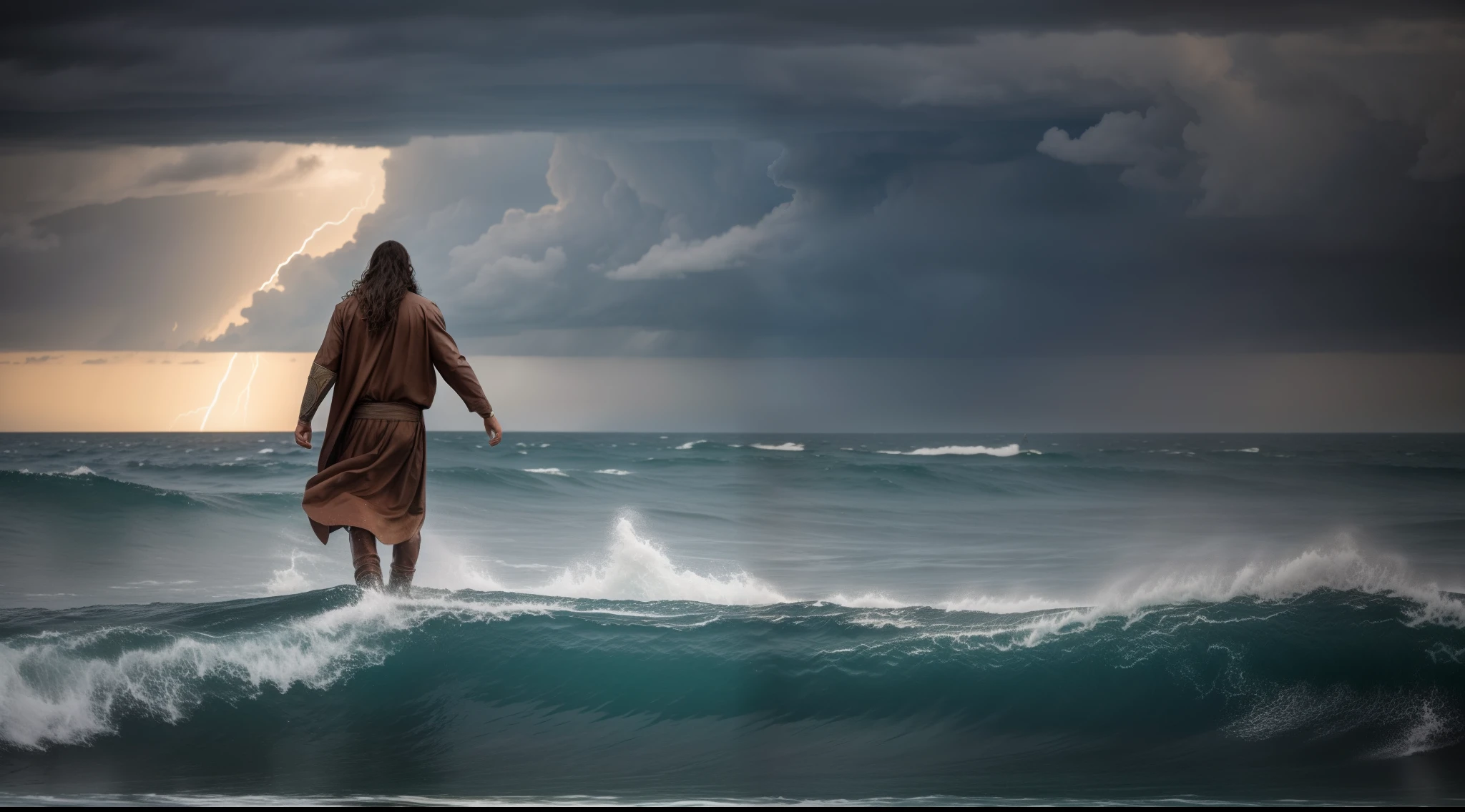 Jesus andando no oceano com ondas, Jesus walking on water, the sea and storms behind him, O Deus do Mar, Deus do Oceano, saindo do oceano, moses, Erguendo-se do oceano, emerging from the water, character is half in the water, epic biblical representation, quem nasce do mar, standing in a maelstrom