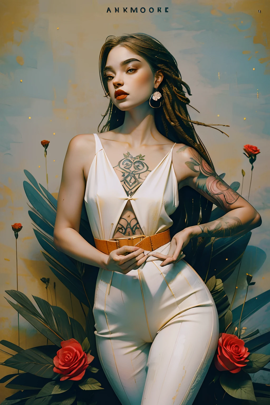 ankymoore, visão de baixo pra cima, 1rapper with dread hair with tattoos, white and red sexy clothes(cameltoe), graffitti background, (masterpiece), (best quality:1.2), absurdres, intricate details, flowers, leaves, roots