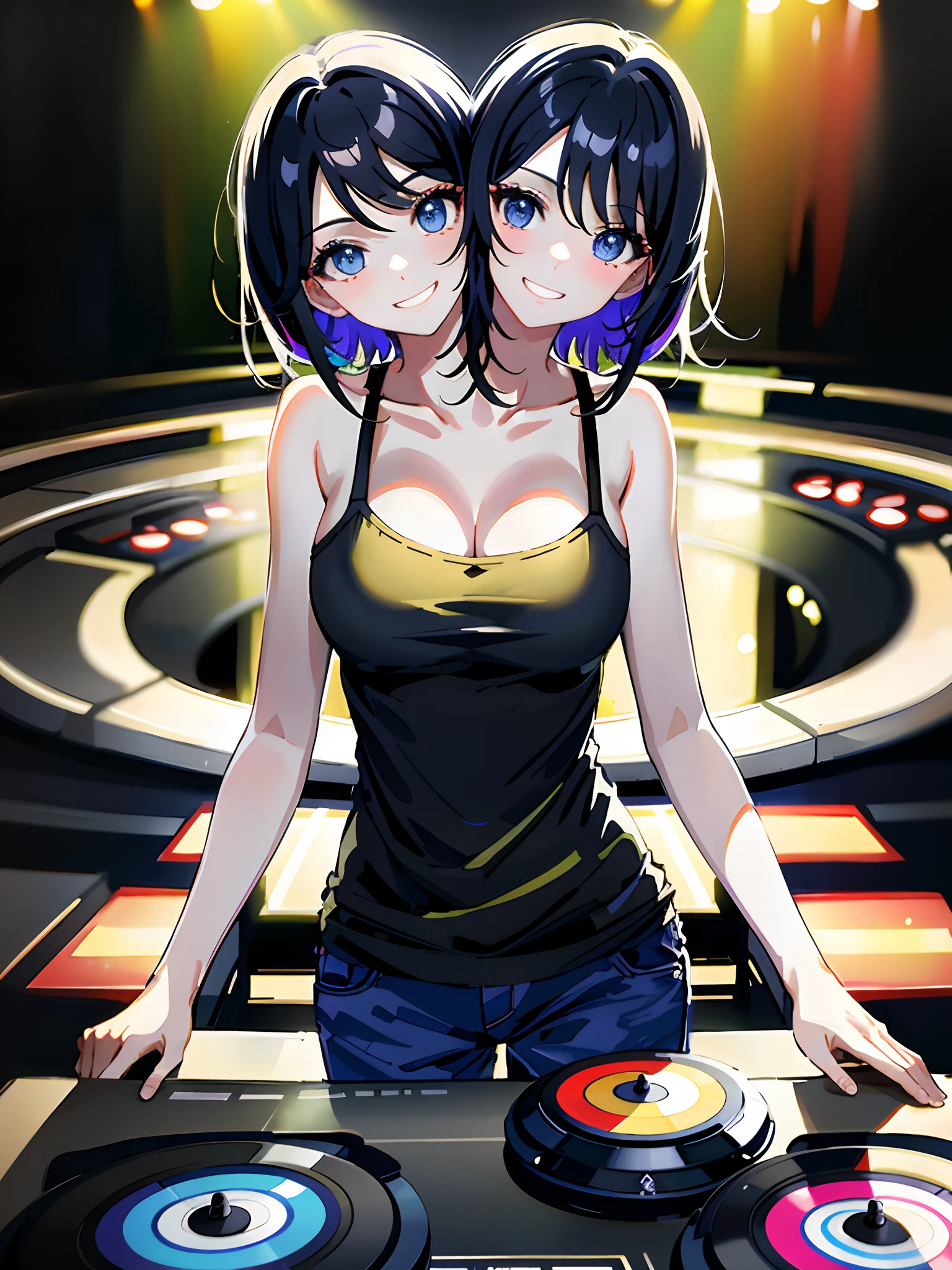 (masterpiece, best quality), best resolution, (2heads:1.5), 1girl, dj girl, black hair, shoulder length hair, blue eyes, colorful t-shirt, showcasing her skills on the turntables, grinning, nightclub, colorful light