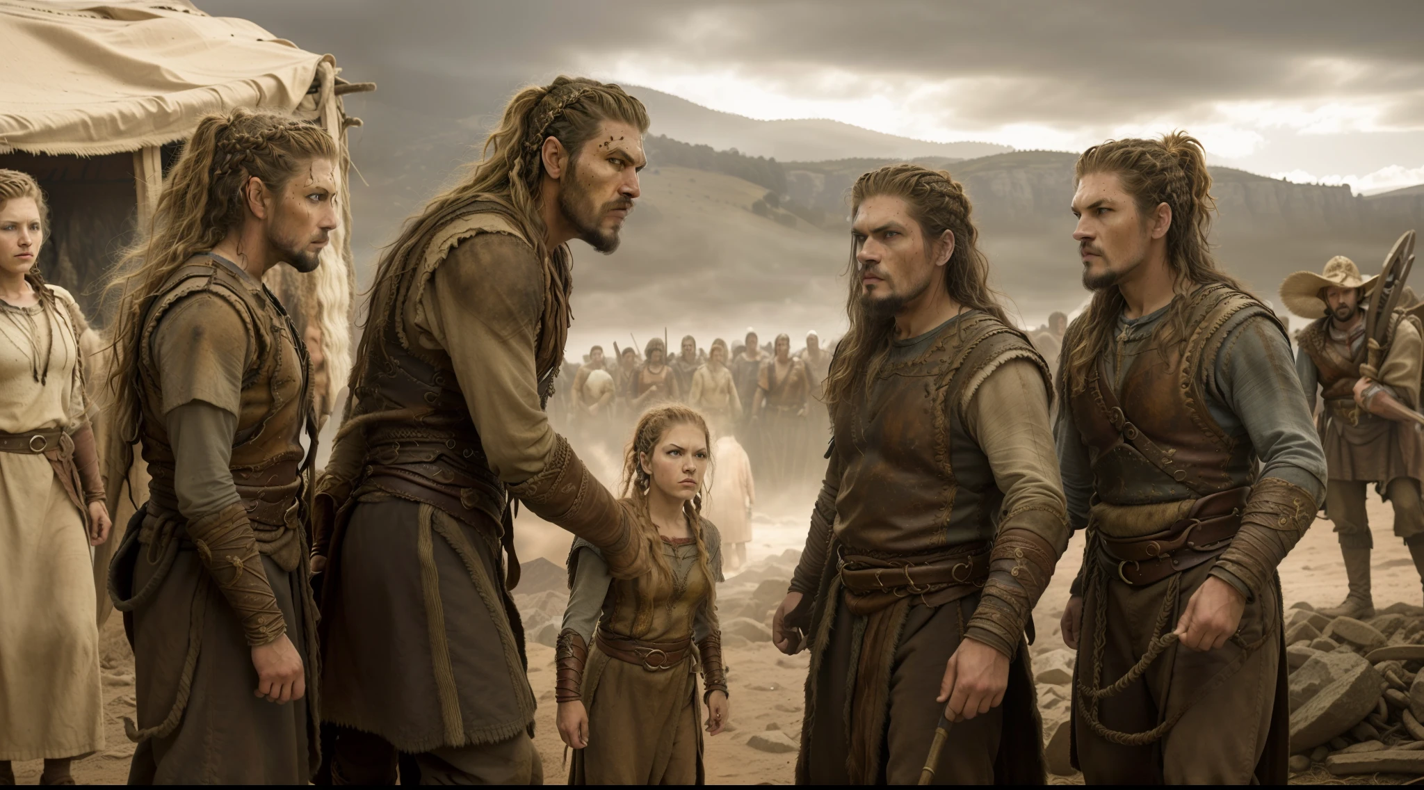 Man and woman in brown clothes standing in front of a group of men, cena do filme live action, ainda de um filme live action, 0 0 0 a.C., filme ainda de god of war, still image from tv series, biblical epic movie, jason momoa as assyrian, ainda de um filme de fantasia, pre - historic cave man family