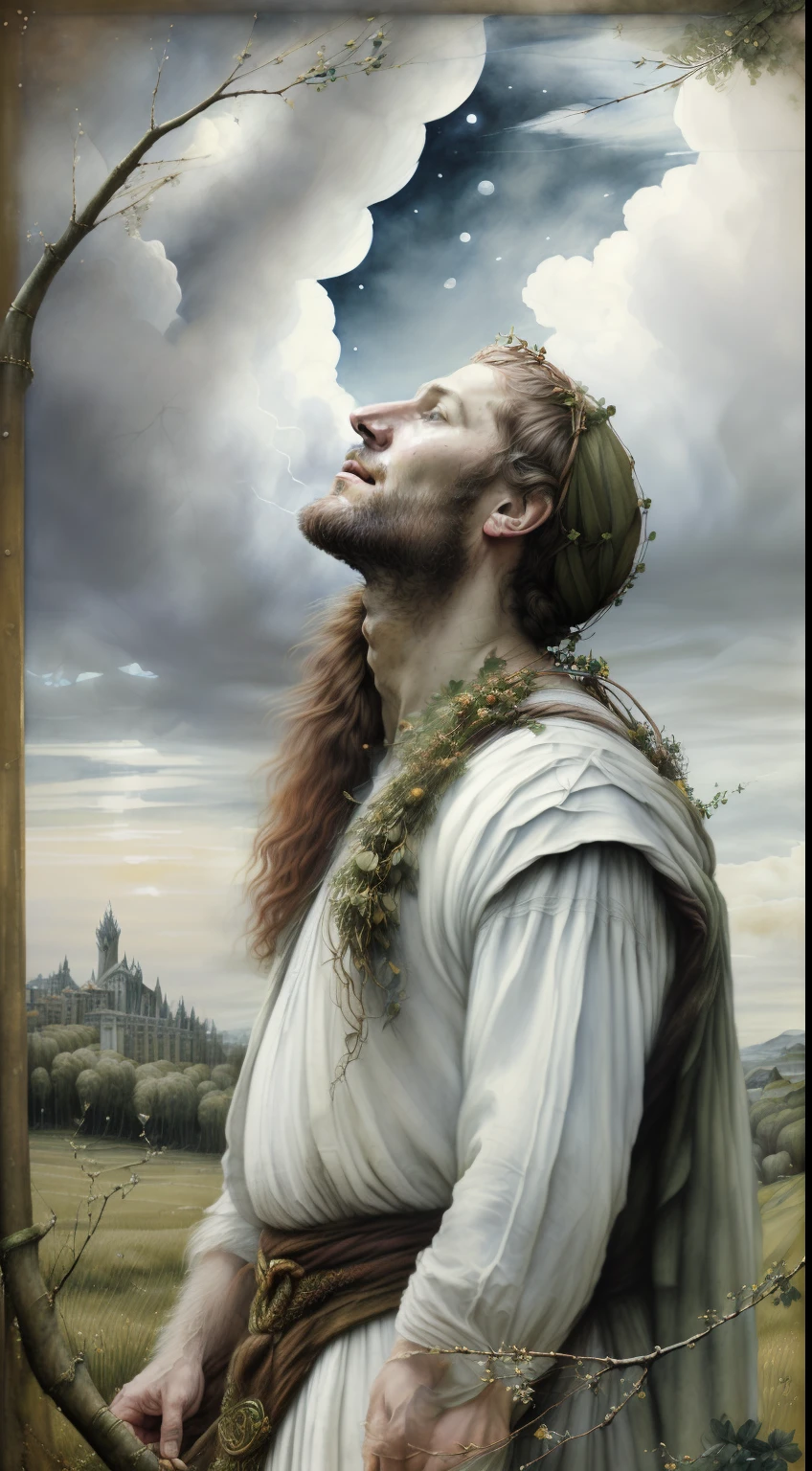 (((Celtic Pre-Raphaelite painting of an old druid in white clothes, barba branca, looks up at the sky and holds hawthorn branches, many clouds in the sky. mistborn, paisagem celta)))
