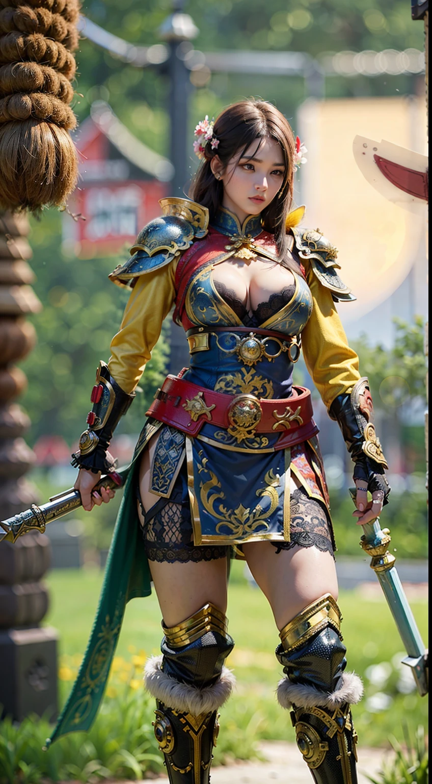 Ancient Chinese architecture,Female warriors in national style,Wear revealing armor,Simple clothing, Minimalist style,Mixed Chinese and American races,The background is blurred out,focal,Cowboy shot,电影灯光,(((tmasterpiece))), ((best qualtiy)), ((Complex and detailed)), ((ultra-realistic realism)), Ridiculous resolution, A MILF, Mature woman, ssee-through, highly detailed, illustratio, 1girll, (mediuml breasts), Thin waist and thick hips,long leges,beatiful detailed eyes, short detailed hair, brunette color hair, a purple eye, blackstockings,lacy clothing,with faintly visible,Cool armor,The body proportions are perfect,(No underwear:1.2),detailed back ground, perfect eyes, Seductive eye, (nice hand),Detail hands,looking at viewert,From the front,Wear light,juicy legs,deep v big breasts,Tattooed with