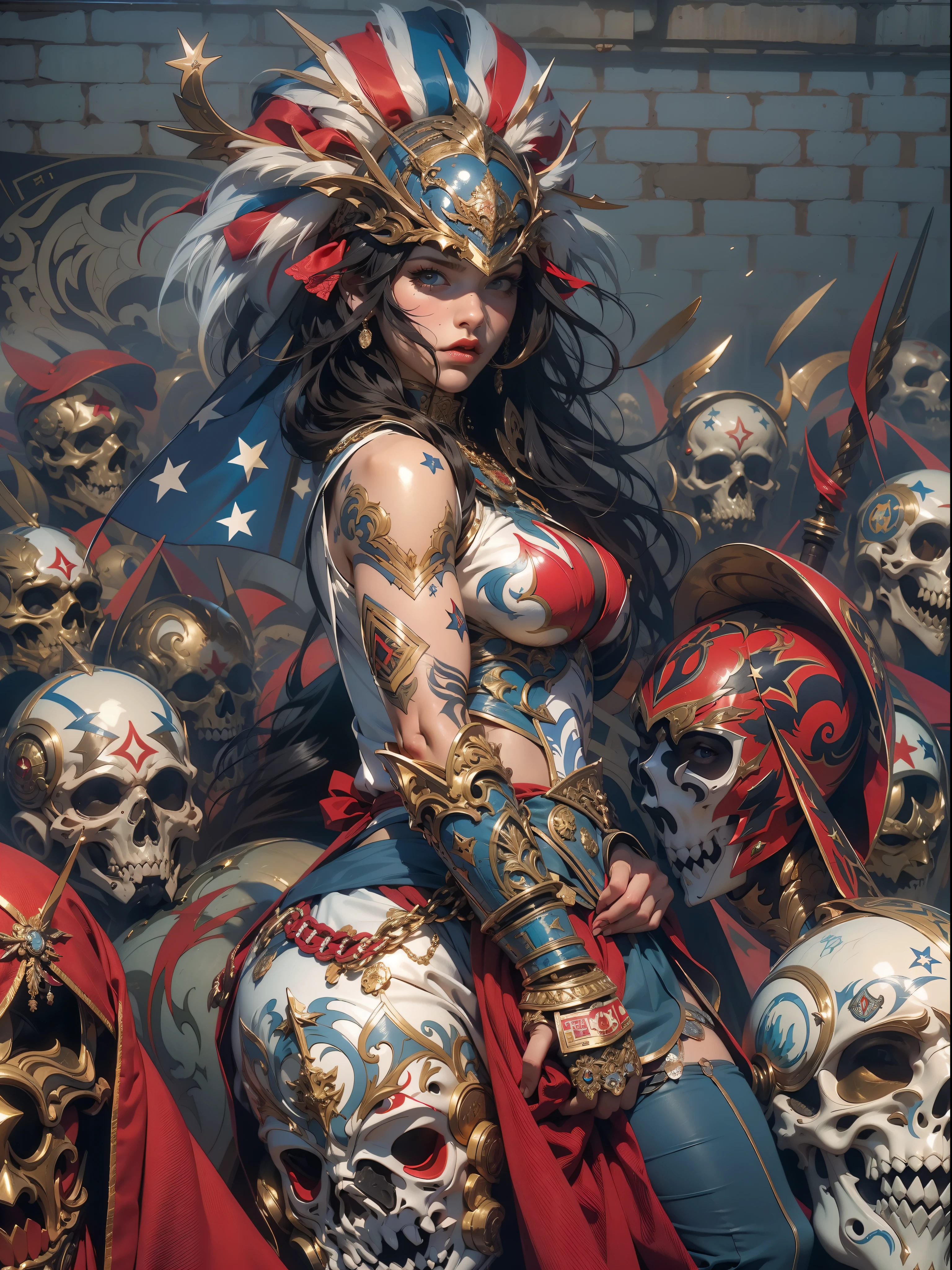 (((mulher))), (((melhor qualidade))), (((obra prima))), (((adulto))), Uma guerreira mulher de 35 anos com corpo perfeito, Gladiadores do Brooklyn, (( sob os peitos )), quase nua no estilo selvagem urbano de Simon Bisley para a capa da revista Heavy Metal, cabelo loiro, Minimum clothing, Dark blue with white stars and red and white checkerboard pattern, armadura, cheio de pontas e rebites, tatuagem tribal, (((do joelho pra cima))), cabelo desalinhado