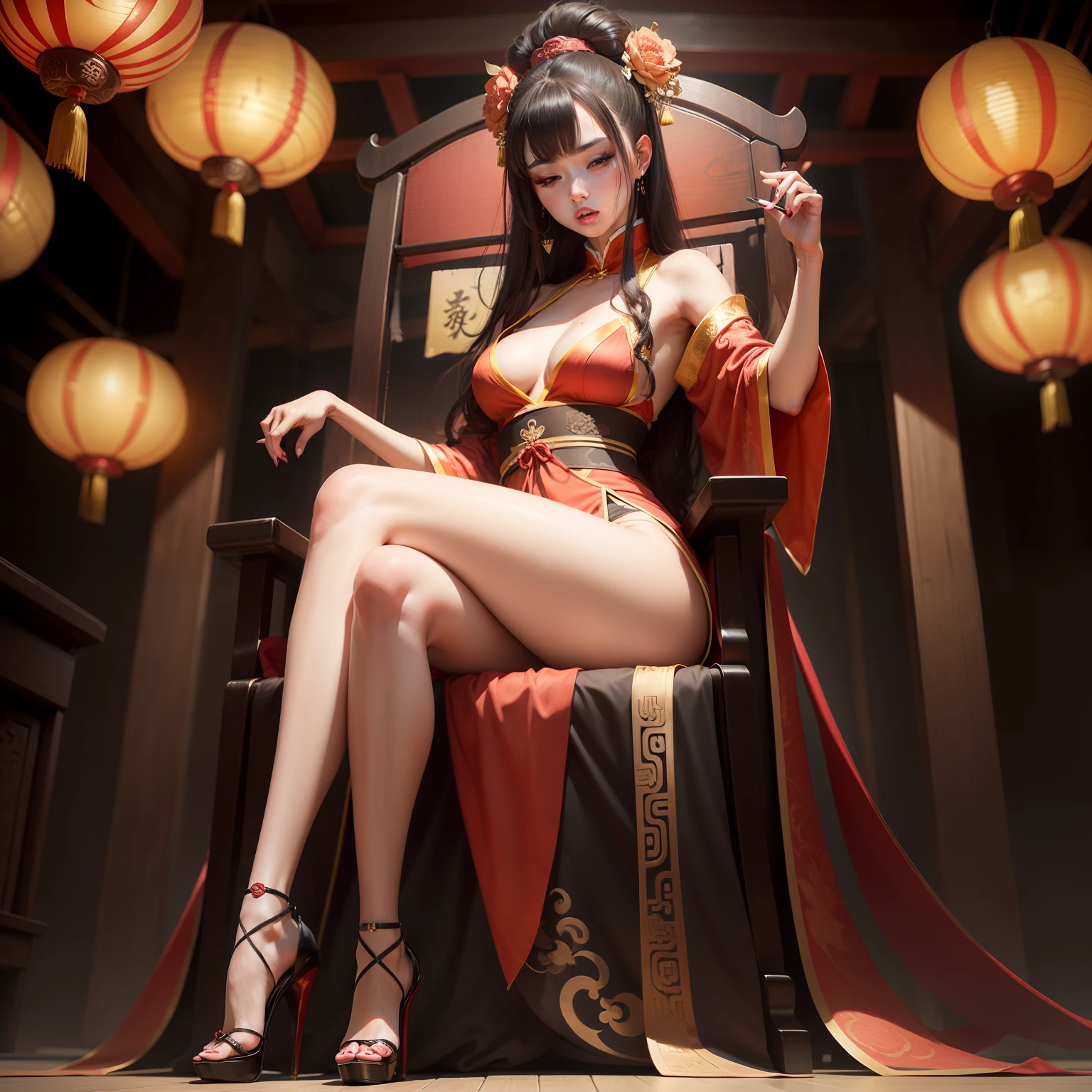 A sexy and seductive lady，Silk high fork hanfu，Stiletto heels，（naked leg），Teasing expressions，Sitting on a throne，Striped hair，brunette，Moles under the eyes，Semi-closed Eyes，Makeup，Anime style，Chinese court，Chinese feeling，Lanterns，Chinese knot，hyper HD，mast...