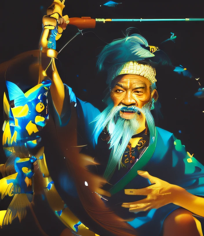 Old man with fish and fishing rod