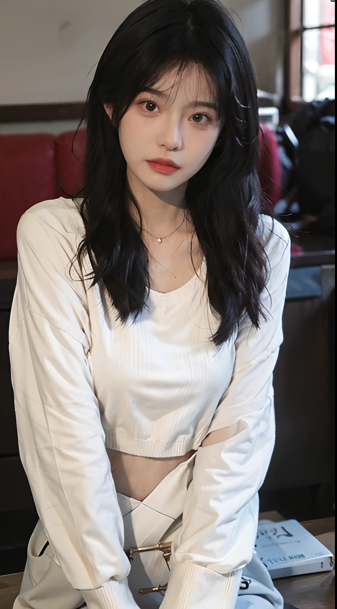 best qualtiy, 超高分辨率, (realisticlying:1.4),cute hairpin,Baoyu Girl,1girll,,Cropped red sweater ,,Beautiful woman with a slim figure:1.4, Abs:1.1, 浴室,Ultra-fine face,Elaborate Eyes,二重まぶた,choker necklace