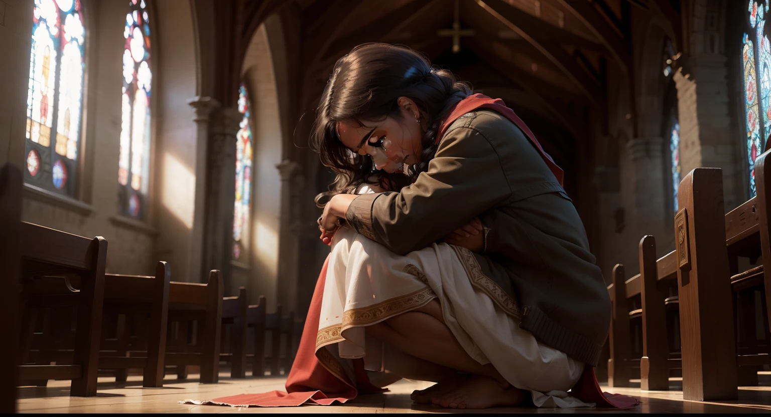 Brown woman praying on her knees with tears in her eyes and hair covered with Christian clothes inside a church and perfect face