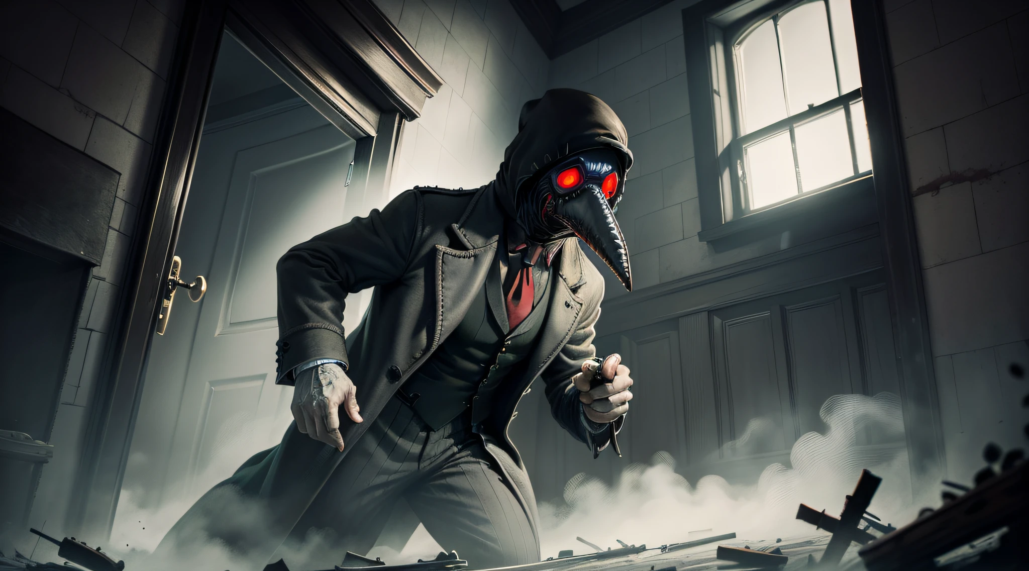 A 1920's Detective, haunted house, black and white, overcoat gray, Red tie, pointing flashlight at camera, plague doctor mask, Red eyes, 
running away, green fog, 
staircase to the basement,
abandoned house