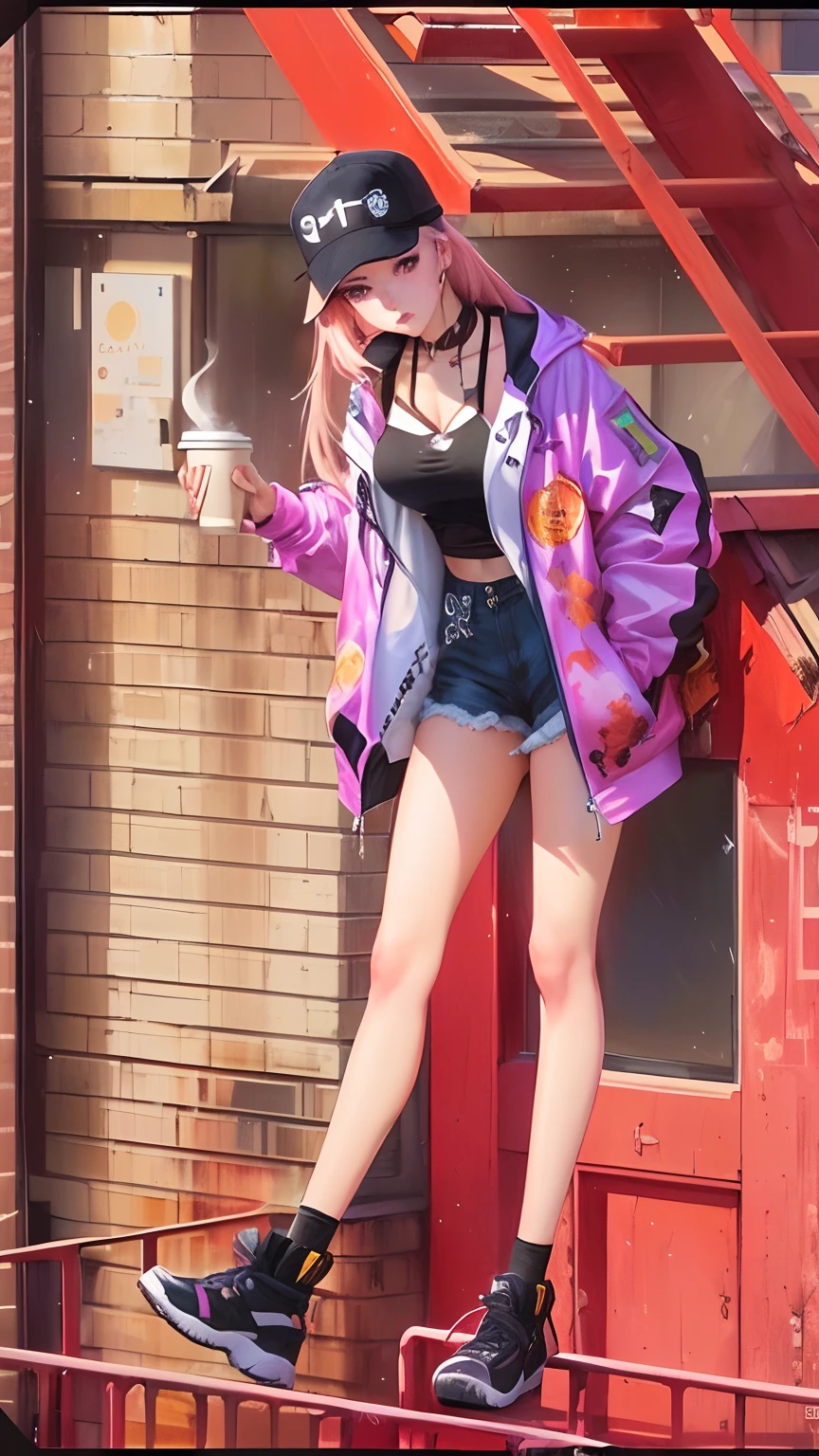 There is a woman who is standing on a ledge with a coffee, fanart menina urbana, Art not Guweiz style, Estilo anime, Guweiz, retrato de corpo inteiro de um curto!, corpo inteiro:: tempo ensolarado::, soda themed girl, feito com anime painter studio, she is wearing streetwear, anime vibes, em um dia ensolarado, anime full body illustration,rosto detalhado,dados detalhados