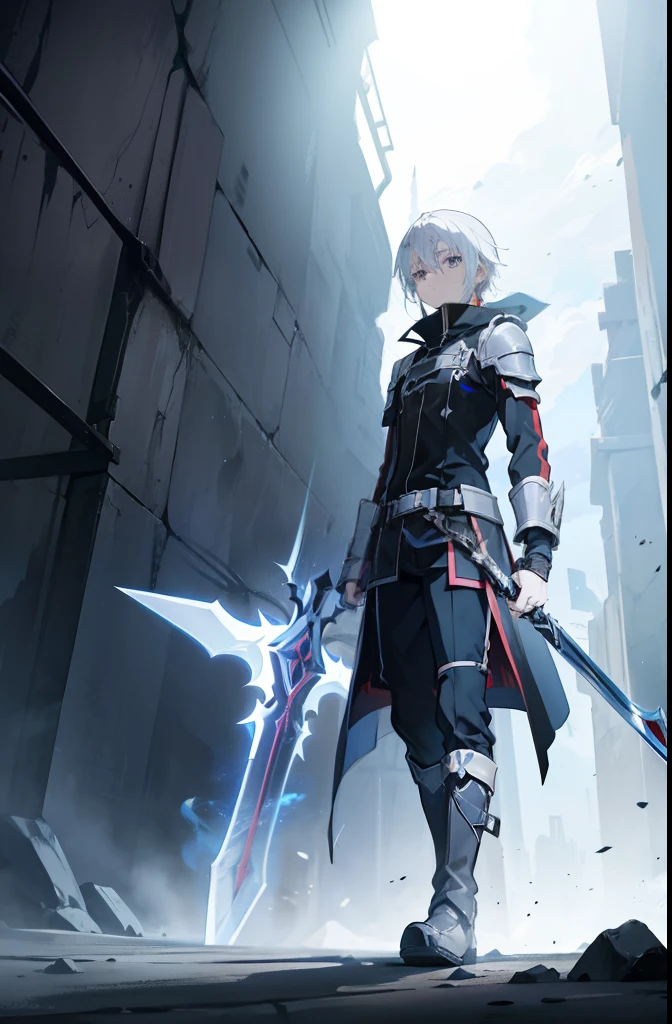 In the virtual world of Sword Art Online, a masked boy with white hair confidently traverses a dungeon with a colossal sword, exuding an aura of power and exhilarating dynamism.