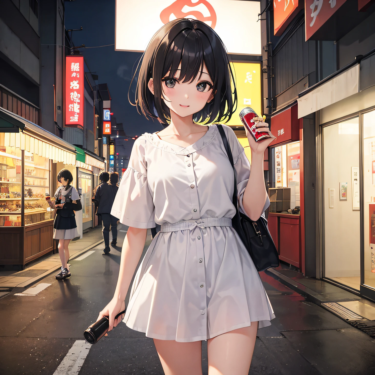 A high resolution，ultra - detailed，（1girll：1.3）， Facing the lens，Depicts a scene set against the backdrop of the streets of Tokyo at night，Has short black hair、Black eyes，Expressive faces、Cute outfit、ssmile、Holding a bottle of Coke in his hand