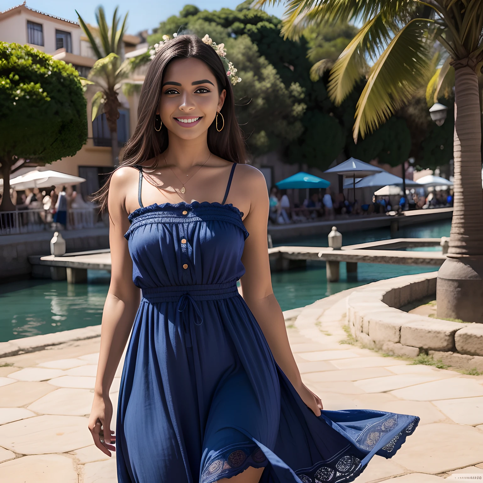 A beautiful smiling Canarian girl in an indigo dress, Instagram Influencer, Caliente en CANON R5, muelle 85 mm, photo session, profundidad de campo, Incredibly detailed intricate, Hiper maximalista, elegante, hiperrealista, Super detailed, dynamic  pose, centrado, Cinematographer, luz natural, dynamic, Altamente detallado, foco nítido