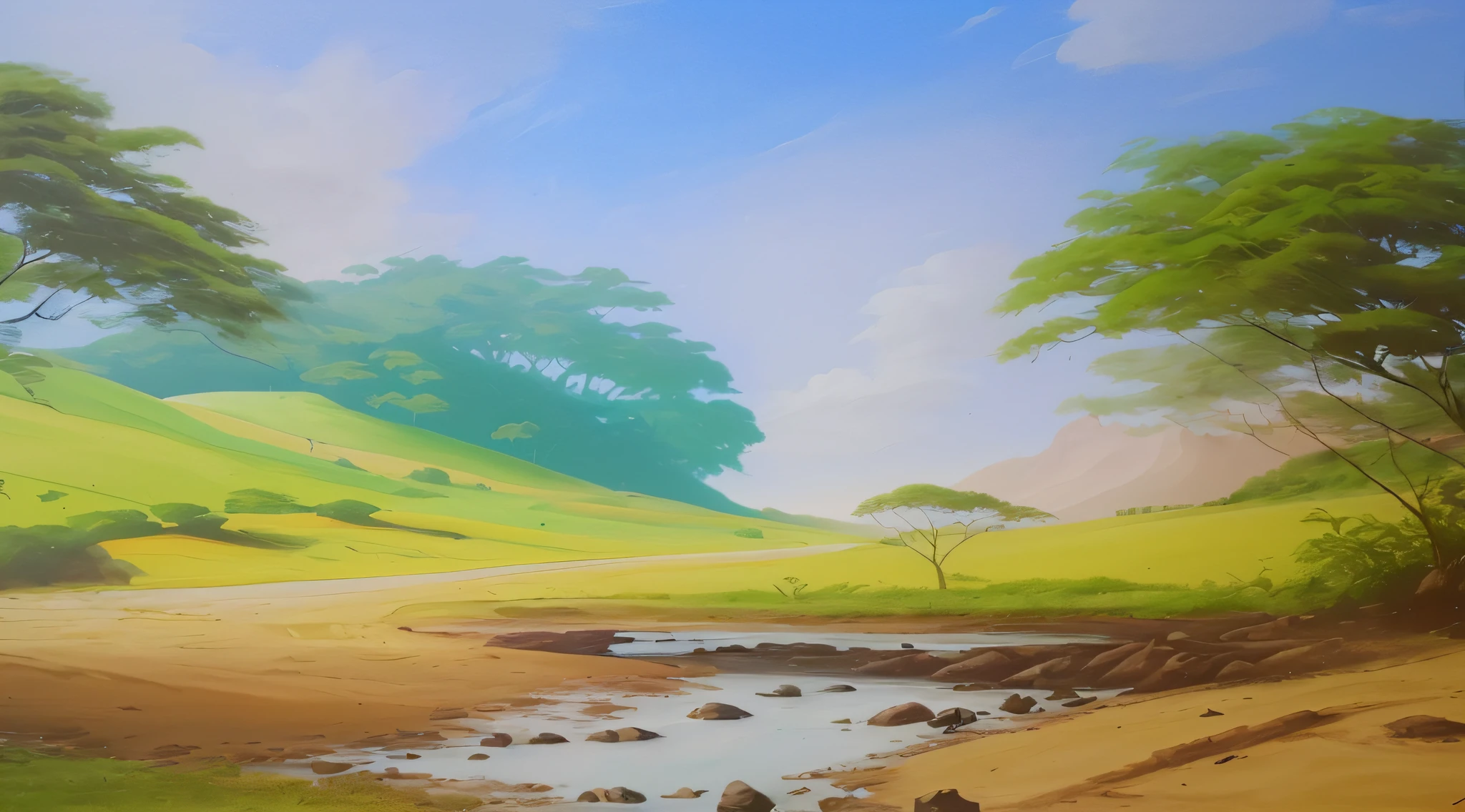 pintura de um pequeno riacho que atravessa um campo verde com uma casa exuberante, super realista
