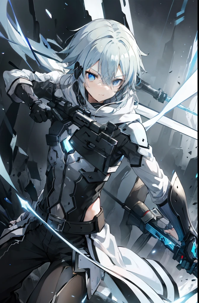 (masterpiece) In the virtual world of Sword Art Online, a dynamic and epic scene unfolds as a boy with artfully styled white hair and a mysterious mask covering his face confidently strides through a dark dungeon. His attire consists of intricately designed armor clothing that accentuates his powerful presence. In his hands, he wields a sleek sniper rifle, ready to take on any challenge that awaits.