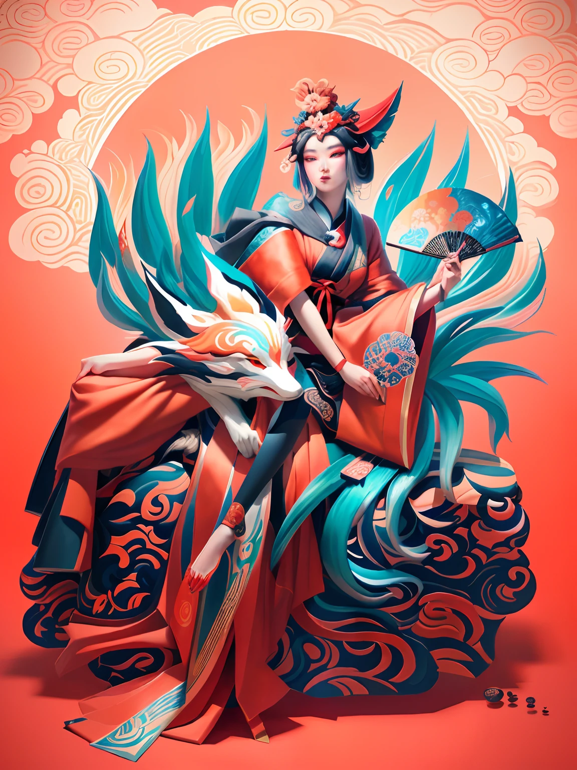 There is a painting,A woman sitting on a chair with a fan, Nine-tailed demon fox, in the art style of ukiyo - e, an ancient Chinese goddess, inspired by Tawaraya Sōtatsu, inspired by Yun-Fei Ji, Low saturation light color, Earth goddess mythology, Asian Woman Water Elemental, carved wood