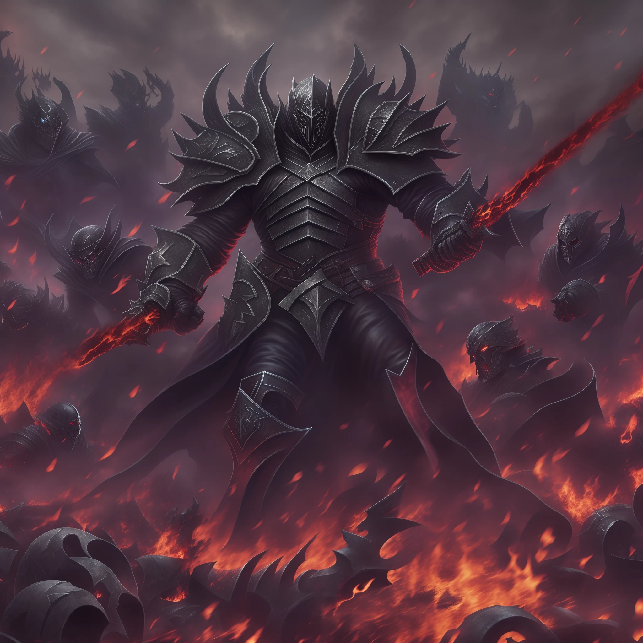 Death knight, engulfed in black flames, menacing, battlefield
