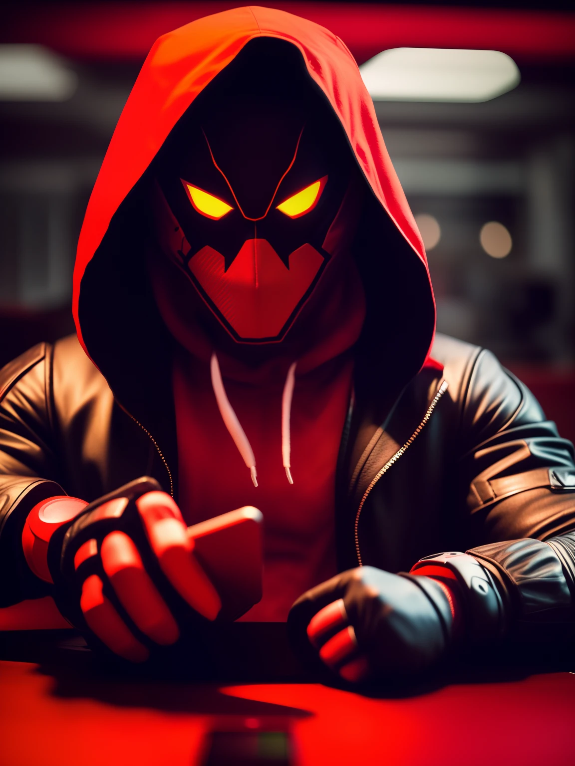 NeonNinja style, a close up of a person wearing a red hood there is a large ball in the middle of a room, a close up of an electronic device on a table