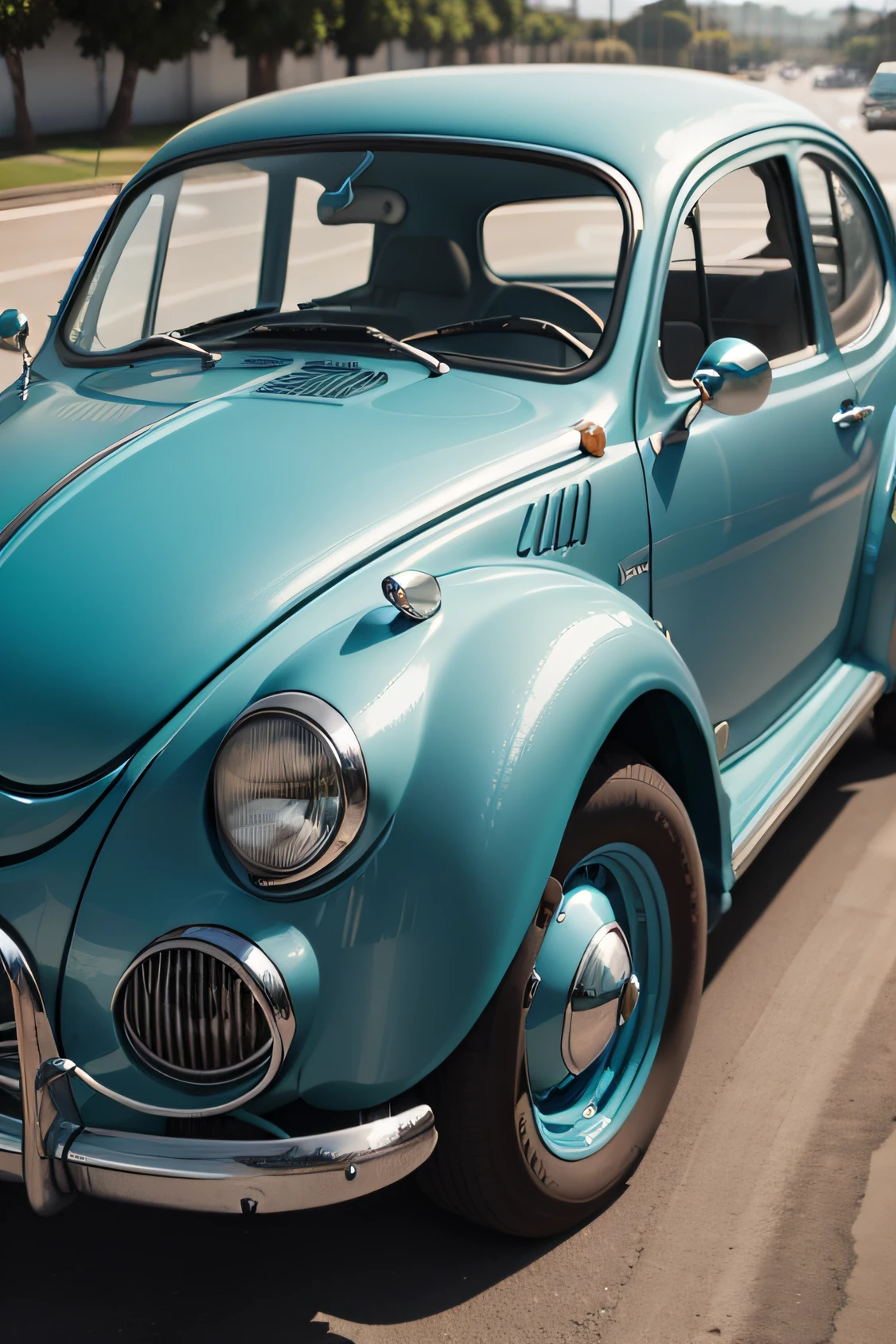 fusca azul, com interior branco