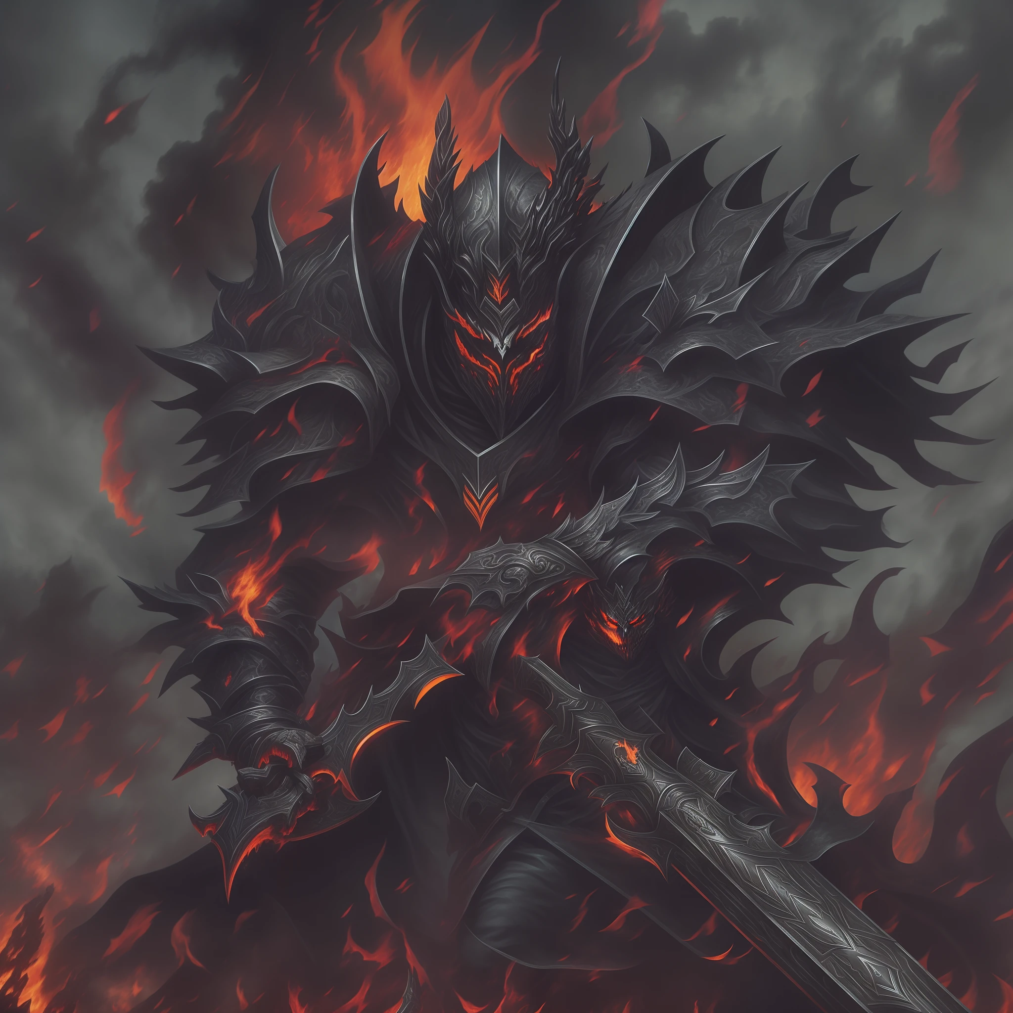 Death knight, engulfed in black flames, menacing, battlefield