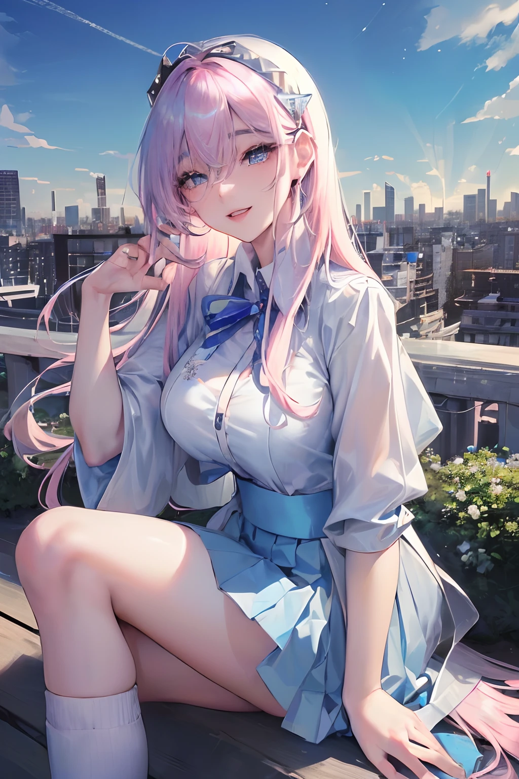official art, masterpiece, sharp focus, (beautiful gorgeous cute Korean woman:1.3), (beautiful cute korean:1.3), korean beauty, Delicate and beautiful hair and eyes and face, realistic, ultra detailed, beautiful girl, blue sky, glow white particle, (sidelighting:1.2), sun light, white cloud, detailed clouds, slender, Lovely very large breasts and very large hips, smile with teeth, ((smile with eyes, open both eyes)), scenery, long straight hair, sexy facial expression, building, (cityscape:1.7), dynamic hair, long straight hair, detailed platinum pink hair, glow blue eyes, (blue pleated shirts + white skirt), white long socks, pale skin, hair ornament, epic scenery,