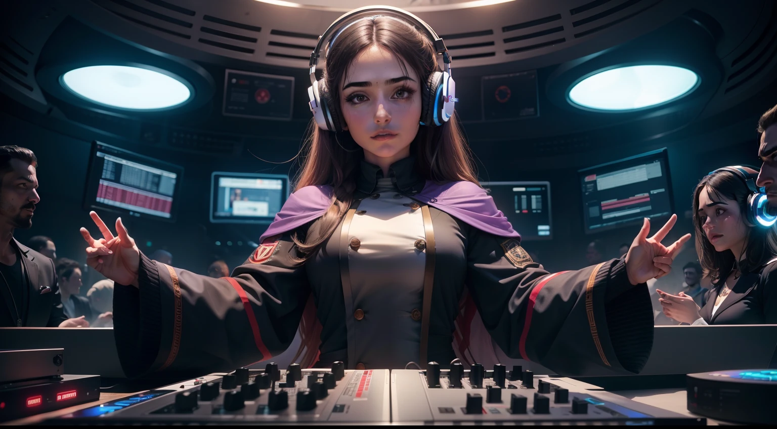 Uma cena intrigante de uma mulher com o rosto do Predador na cabine de DJ, surrounded by a multitude of beings of the same species. Ela veste roupas despojadas com decotes atraentes, while their DJ headphones create a captivating electronic atmosphere for an evening celebration. Uma energia pulsante conecta todos os Predadores presentes.