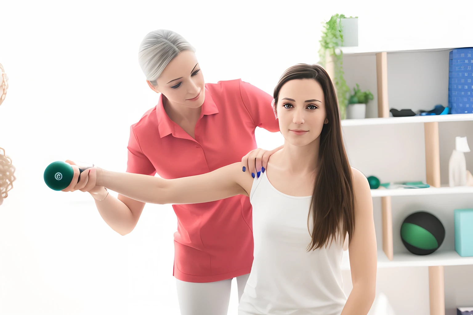 Woman holding a dumbble while a woman holding a dumbble, femme tenant une autre femme, shoulder in front pose, photographie fixe, broad shoulder, Se remettre de la douleur, demi-image, lever le bras, image fixe, Technique naturaliste, Photo fixe, Photo - prise de vue, Keeping a staff, En regardant en partie vers la gauche, pleurant et tendant le bras