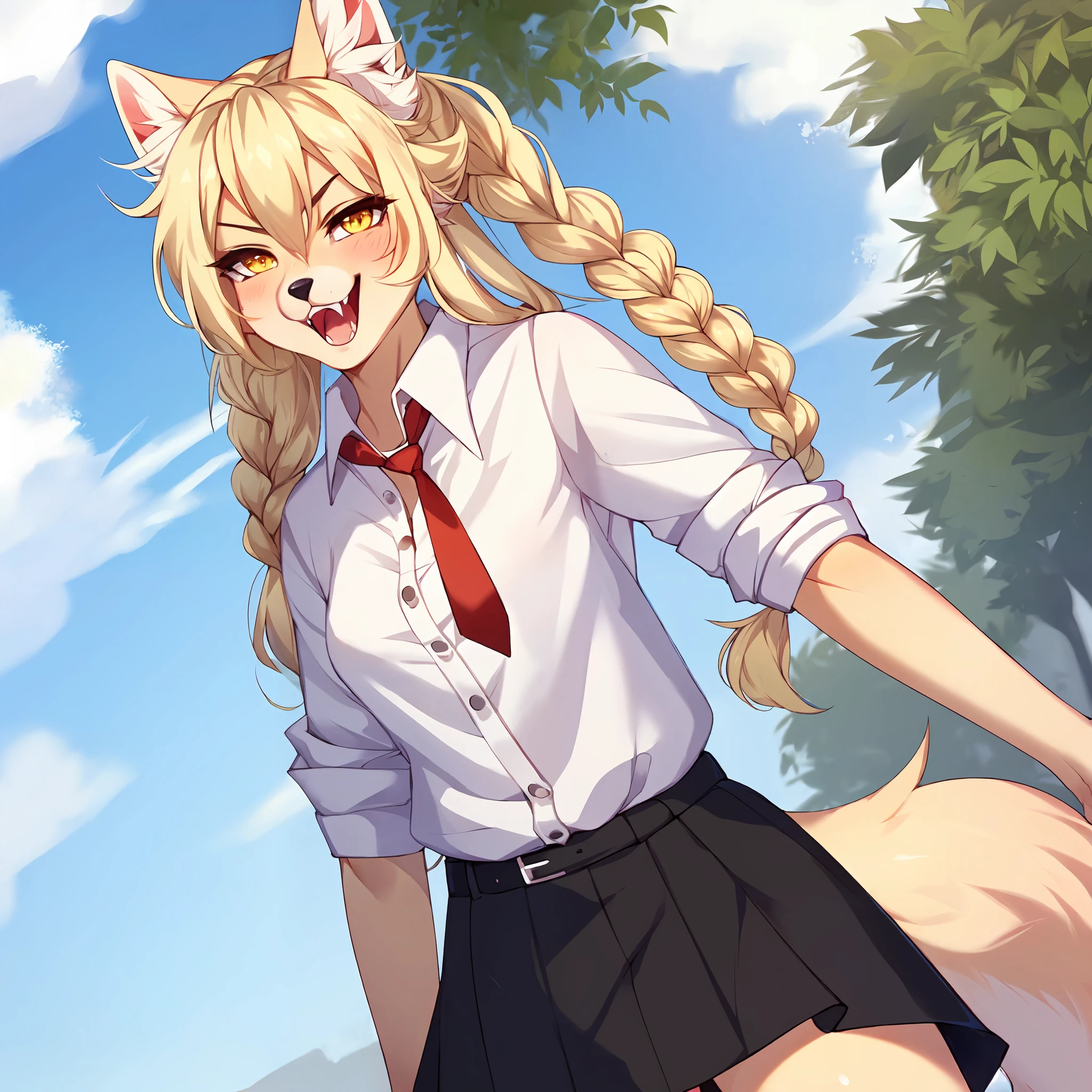 (By hyattlen, by fumiko,):1.2, solo, (tan fox girl), female, fluffy tan ears, black_tips_on_ears:1.1, (tan_body:1.1), black nose, yellow eyes, cute snout, fluffy blonde tail, white tail tip, long blonde hair, french braided hair, visible fangs, grinning, devious, big wide mouth, large sharp canine teeth, angry eyes, detailed eyes, small breasts, wearing white button up shirt, red_tie:1.1, black skirt, combat boots, sprinting towards viewer