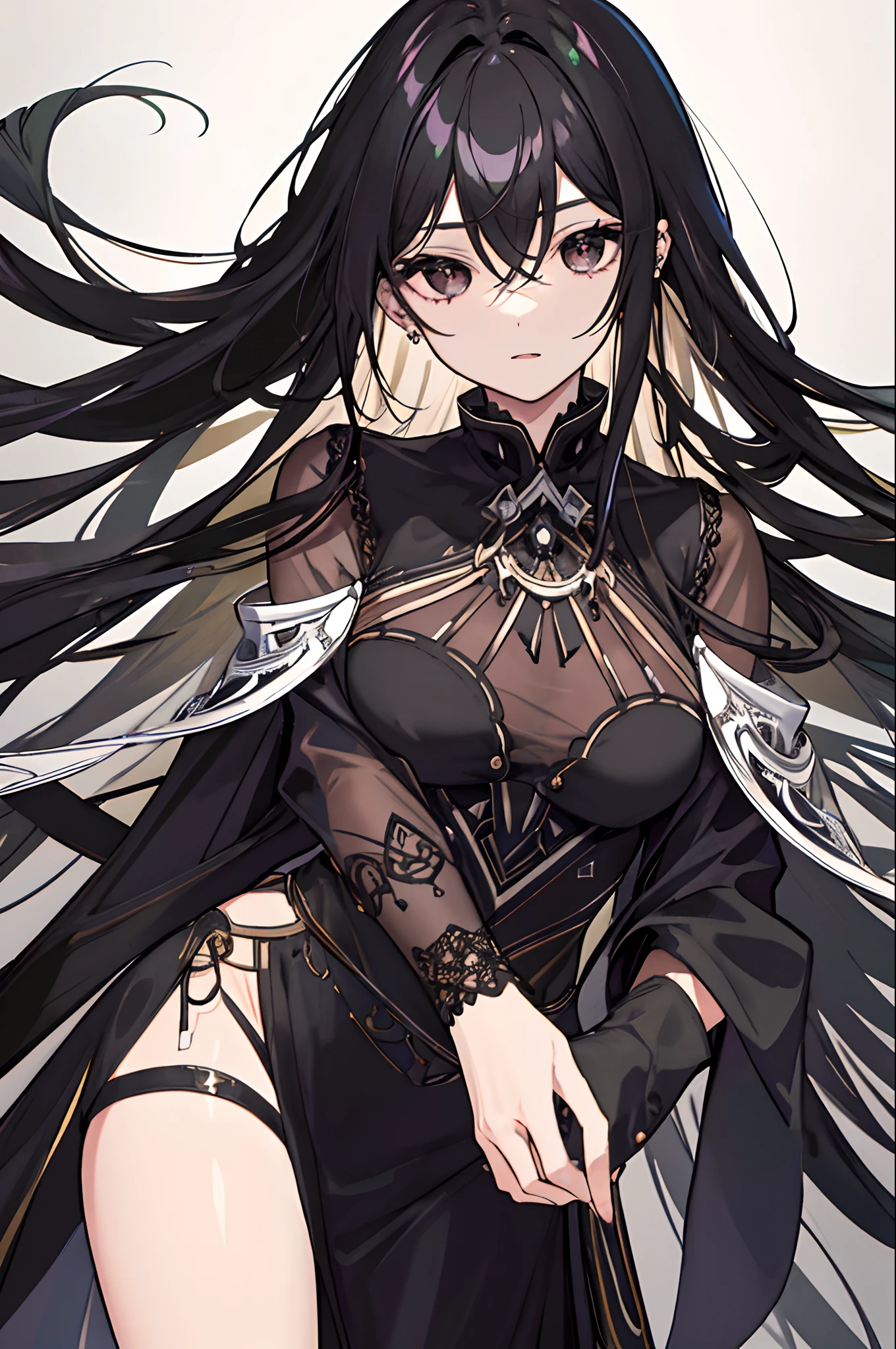 solo, 1girl, intricate hair, piercing eyes, subtle lighting, masterpiece, top-notch quality, lustrous flowing black hair, elegant strands framing the face, sleek black gown, mesmerizing brown eyes.