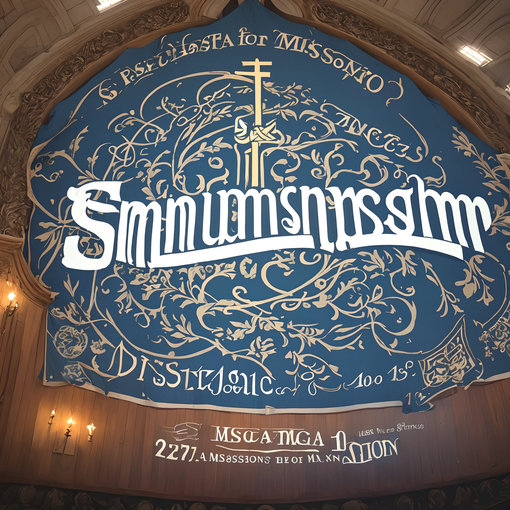 Banner of an evangelical service, with centered theme with the word mission, The address of the congregation below in the footer.