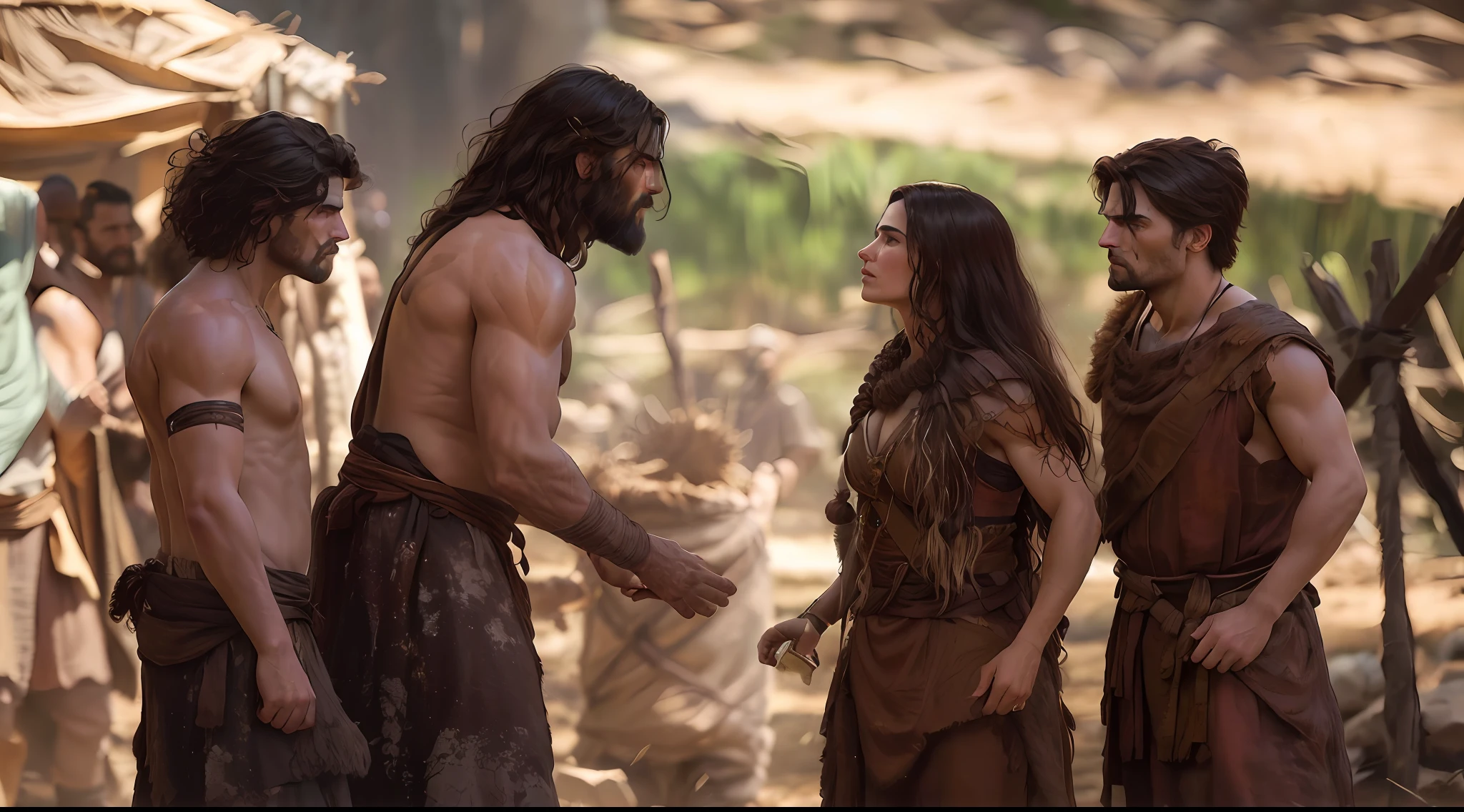 Man and woman in brown clothes standing in front of a group of men, cena do filme live action, ainda de um filme live action, 0 0 0 a.C., filme ainda de god of war, still image from tv series, biblical epic movie, jason momoa as assyrian, ainda de um filme de fantasia, pre - historic cave man family