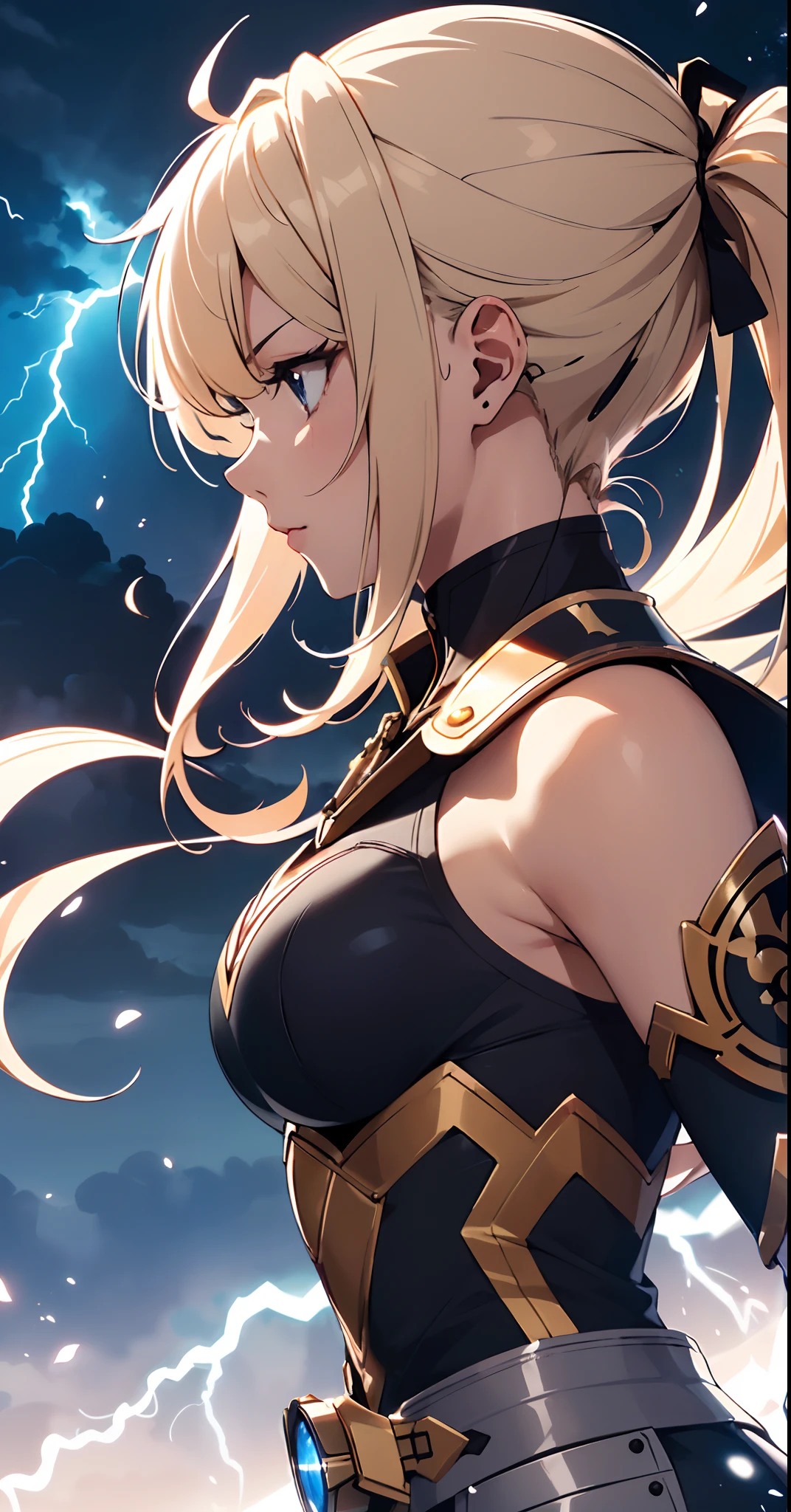 anime image of a woman with a sword in her hand, ayaka genshin impact, detailed key anime art, god ray across her face, sayori, profile picture 1024px, splashes of lightning behind her, female protagonist 👀 :8, anime lighting, makoto shinka, powering up aura, but the armor covers her face, japanese lightning goddess