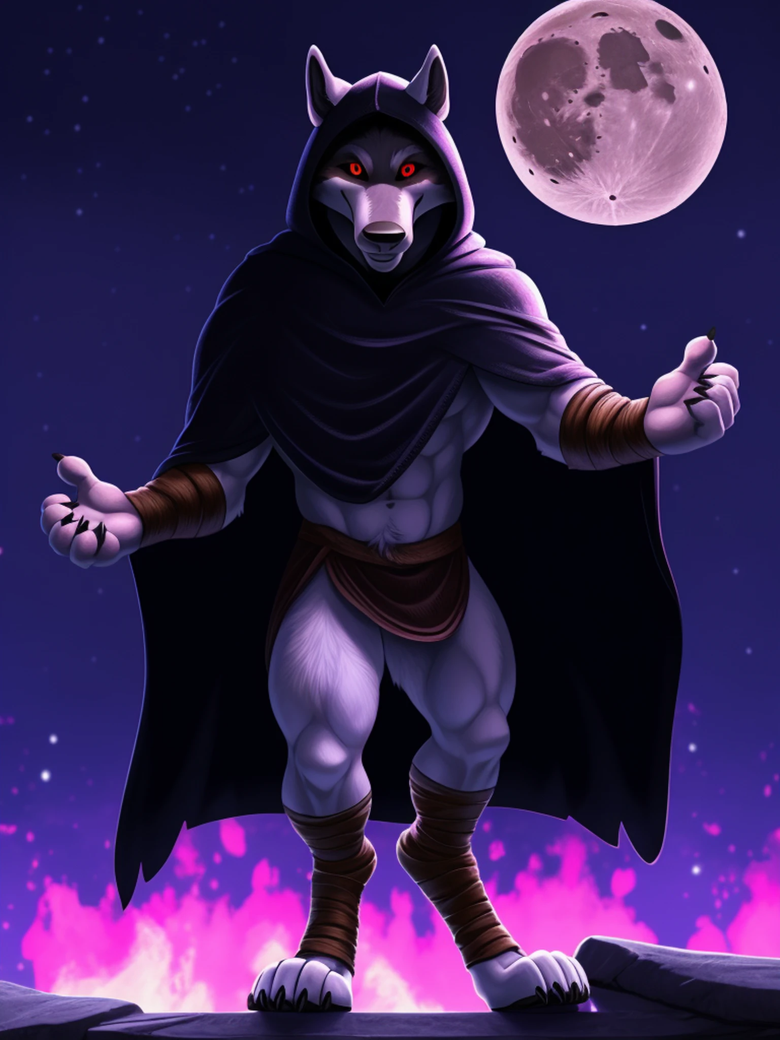 (deathpussinboots:1.1), muscular, red eyes, black sclera, solo, long nose, furry, wolf, standing, cloak, hooded cloak, hood, fluffy, front view, arm wraps, leg wraps, smile, grin, night, moon, (pink glowing background), pink fire, arena, horrorcore, depth of field, perfect lighting, light particles, best quality, masterpiece, ultra detailed, sharp focus