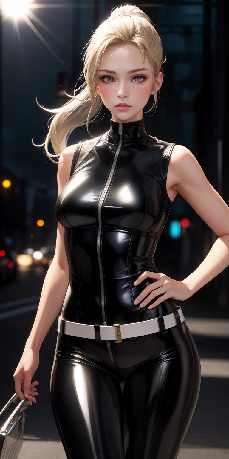 Upper body, Chest to face, Sleeveless, Realistic, One girl, Blonde, Purple eyes, Shining eyes, , parted lip, Blush, Night, flower, Sun, Sunlight, blue-black leather pants, Silver zipper,Belt below the waist,Super fine illustration,blond hairbl , showing forehead, silver center zipper, leather blue black bodysuit, sleevelesblue blacks, Shiny, Blonde ponytail
