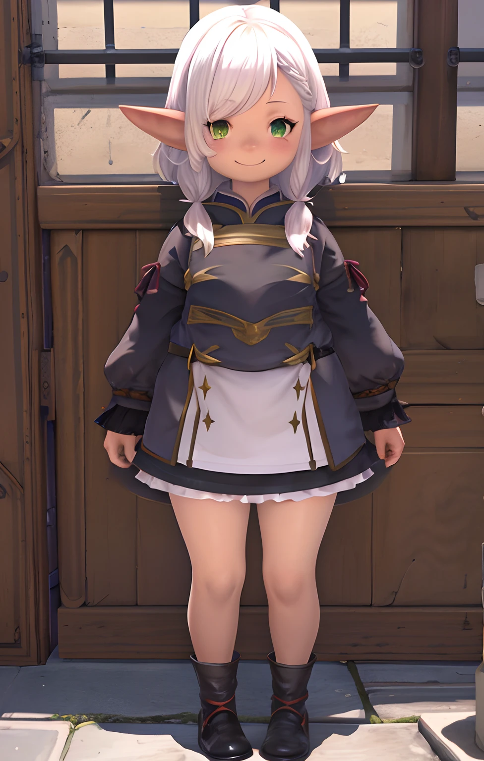 1girl in, Solo, masutepiece, lalafell, pointy ear, BREAK
looking at viewer, Full body,Cat's ears,skin of brownish color,White hair,A smile,Cat's ears,Cat's ears,A smile,Green eyes,Tamamo Katyusha,Chemomimi,Beast ears.４two ears,Head dress,maid clothes,Maids,