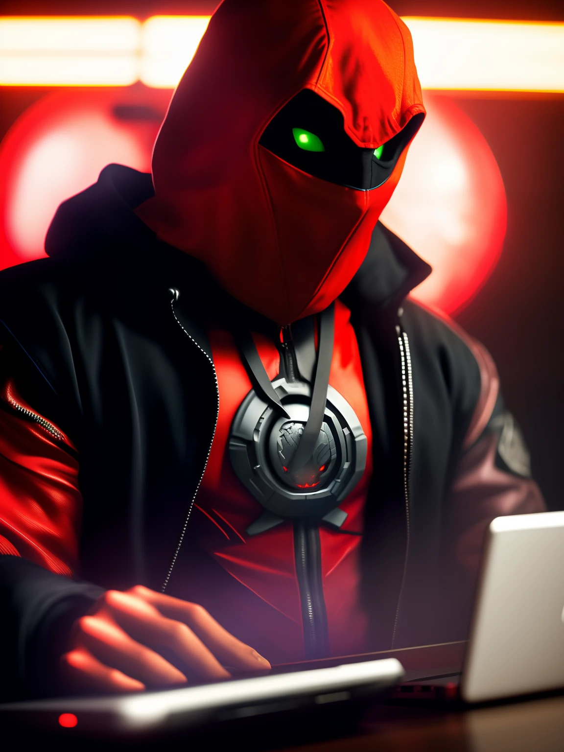 NeonNinja style, a close up of a person wearing a red hood there is a large ball in the middle of a room, a close up of an electronic device on a table