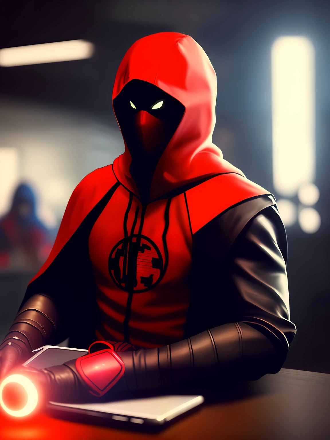 NeonNinja style, a close up of a person wearing a red hood there is a large ball in the middle of a room, a close up of an electronic device on a table