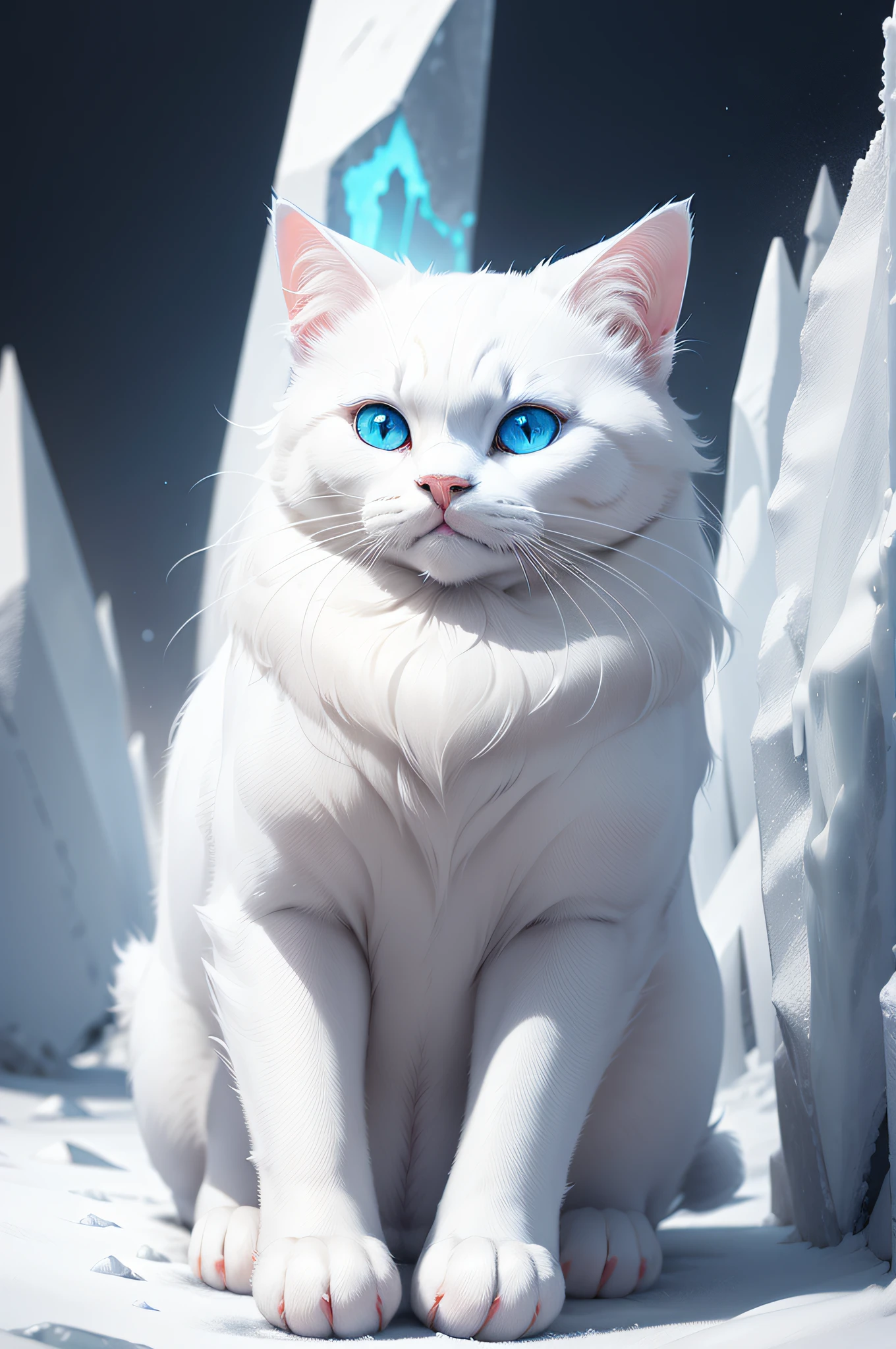 perfect white cat, white fur, ice cat, ice background, blue tones, illustration