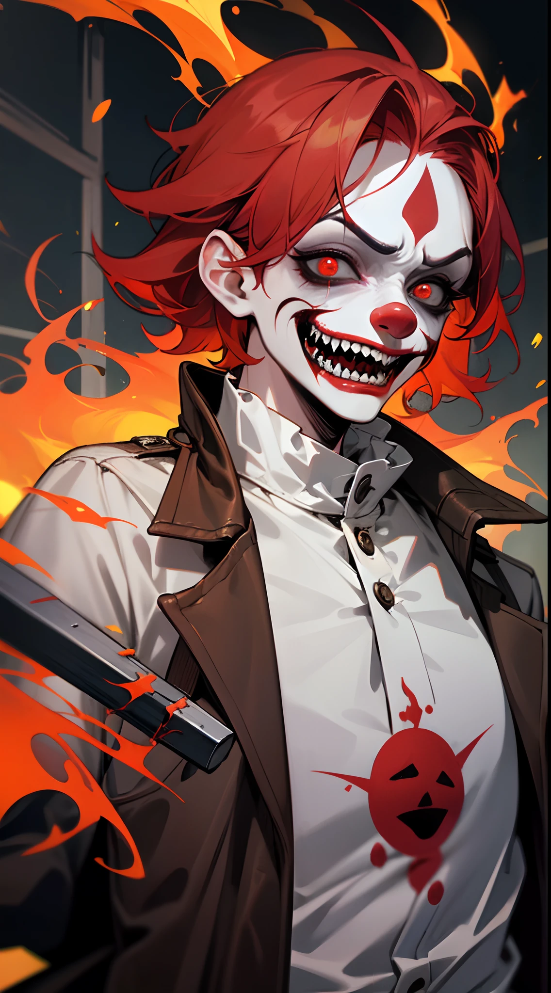 a male young humanoid demon that looks like a clown, horror, creepy, scary, shock value, cuts all over, crazy, nuts, very evil, demonic, twisted, woods, night, fire, 2023, weapon, leather coat and white clown shirt, red hair,