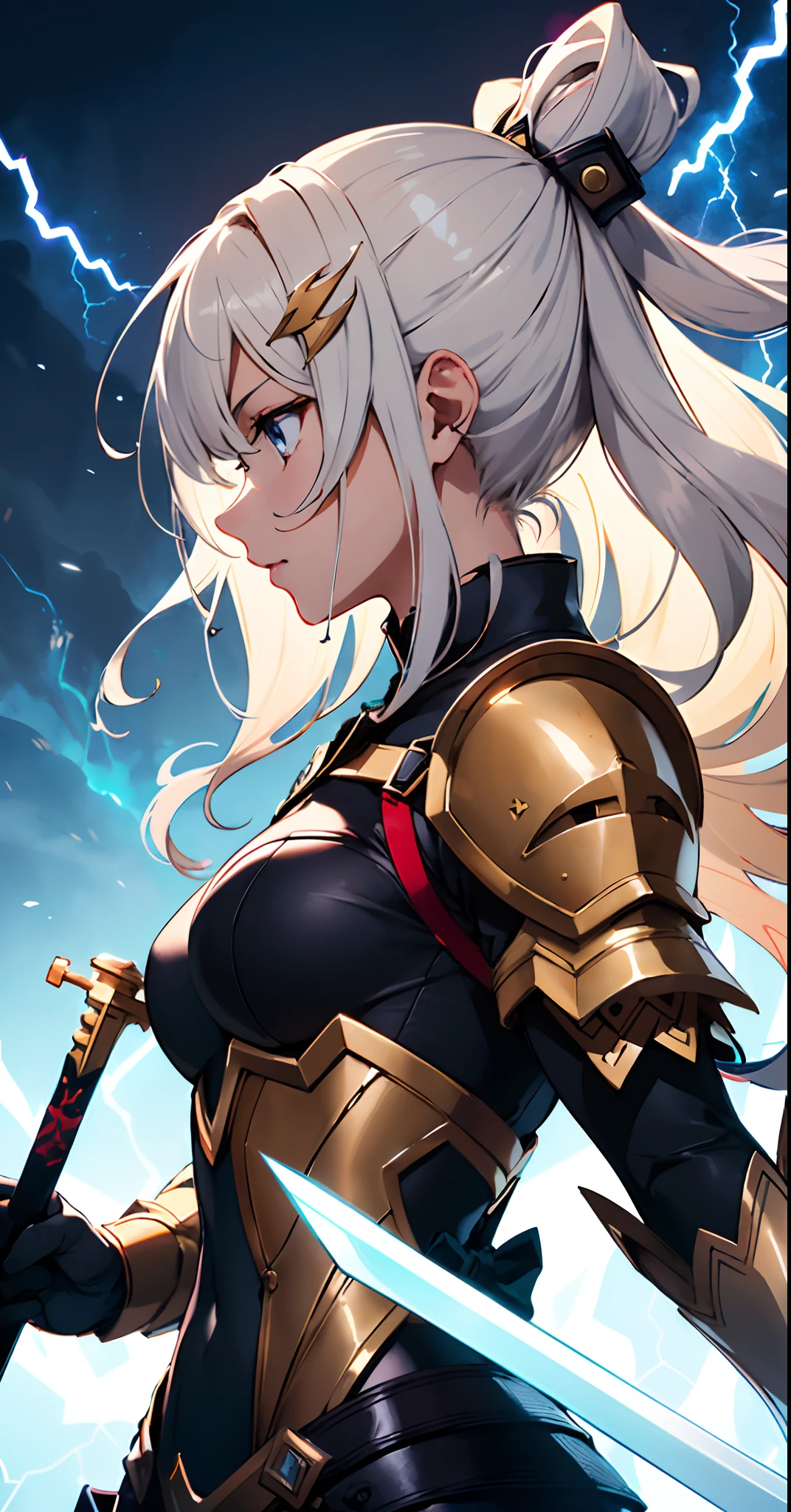 anime image of a woman with a sword in her hand, ayaka genshin impact, detailed key anime art, god ray across her face, sayori, profile picture 1024px, splashes of lightning behind her, female protagonist 👀 :8, anime lighting, makoto shinka, powering up aura, but the armor covers her face, japanese lightning goddess