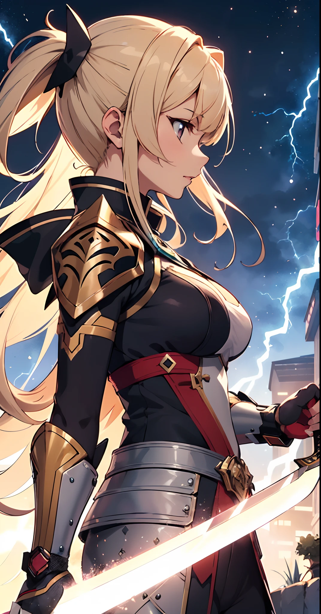 anime image of a woman with a sword in her hand, ayaka genshin impact, detailed key anime art, god ray across her face, sayori, profile picture 1024px, splashes of lightning behind her, female protagonist 👀 :8, anime lighting, makoto shinka, powering up aura, but the armor covers her face, japanese lightning goddess