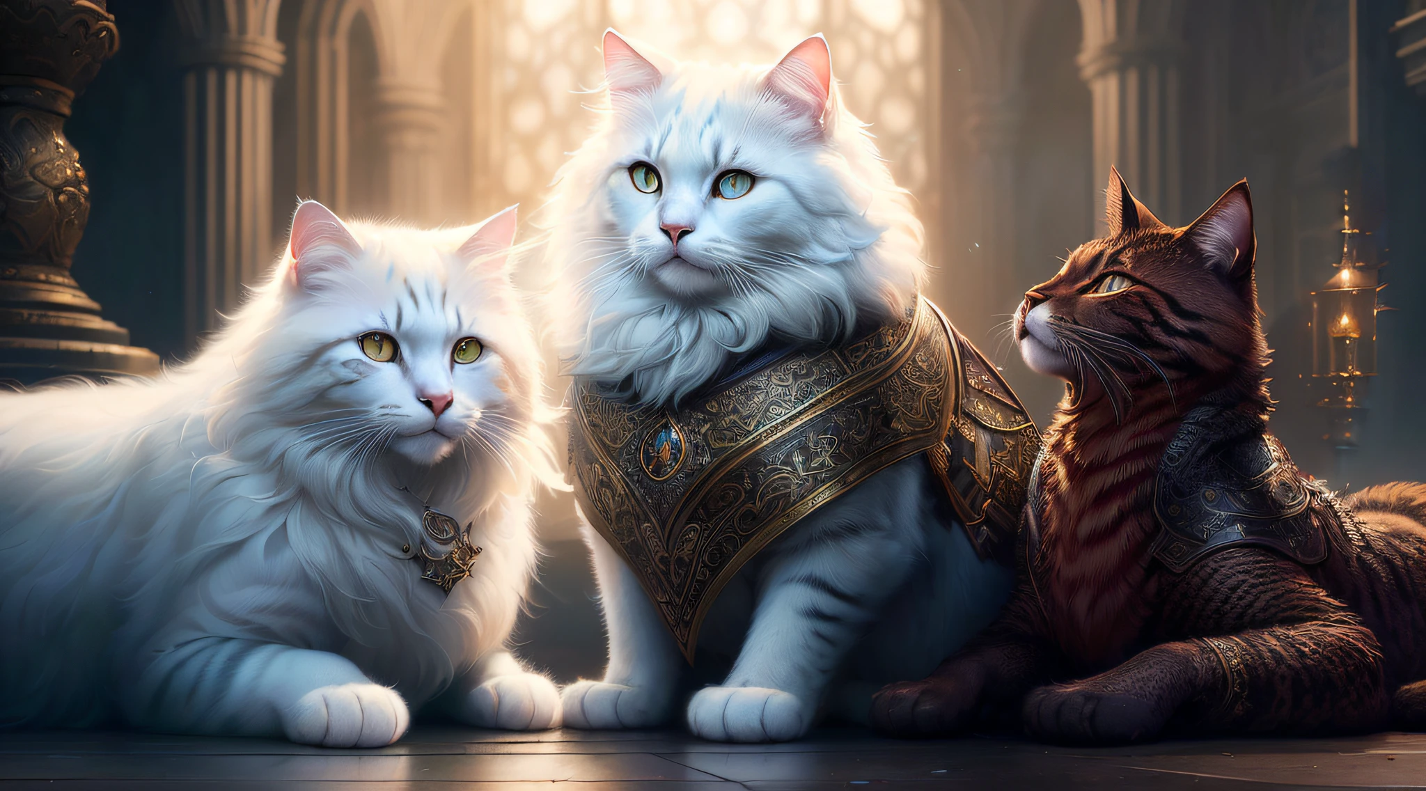 there are three cats sitting next to each other on a floor, furry fantasy art, yuri shwedoff and tom bagshaw, graphic artist magali villeneuve, warrior cats fan art, by Kerembeyit, inspired by Kerembeyit, new cats movie, fantasy art behance, warrior cats, hyperrealistic fantasy art, realistic fantasy illustration
