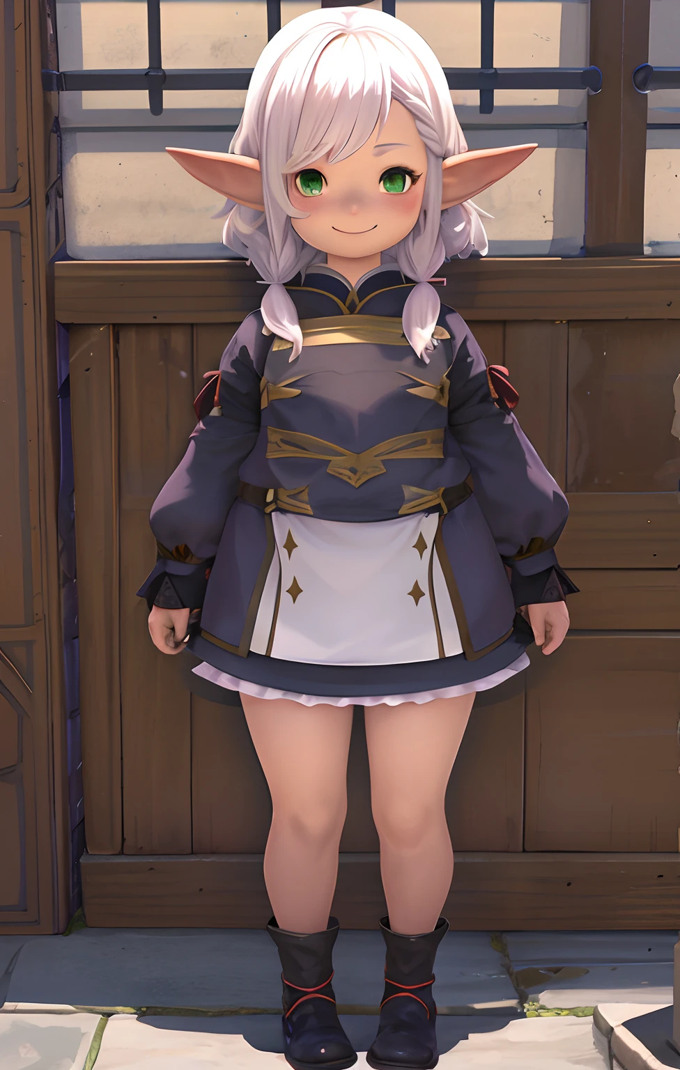 1girl in, Solo, masutepiece, lalafell, pointy ear, BREAK
looking at viewer, Full body,Cat's ears,skin of brownish color,White hair,A smile,Cat's ears,Cat's ears,A smile,Green eyes,Tamamo Katyusha,Chemomimi,Beast ears.４two ears,Head dress,maid clothes,Maids,garterbelts ,stockings ,